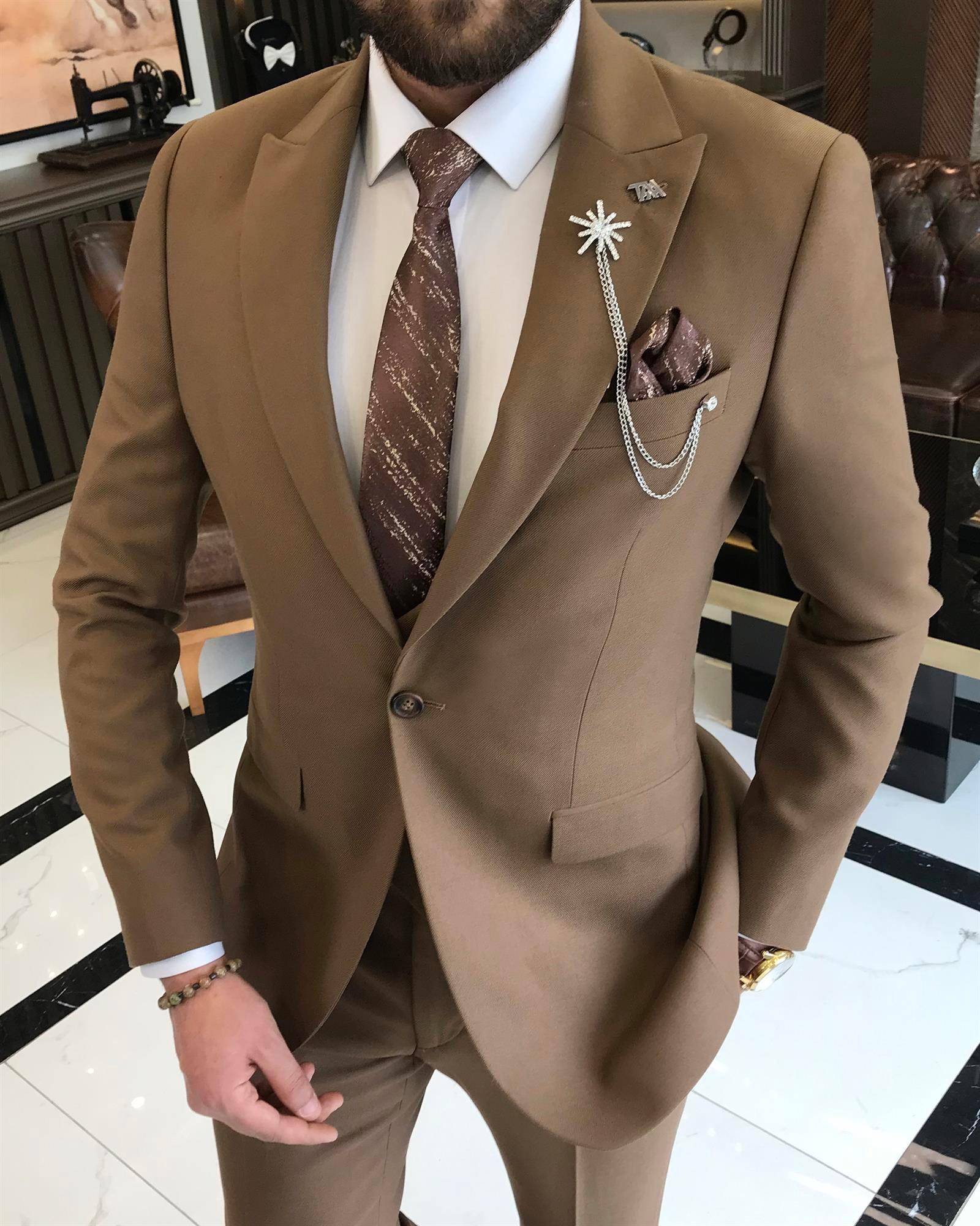 Italian style jacket vest pant suit brown T9079