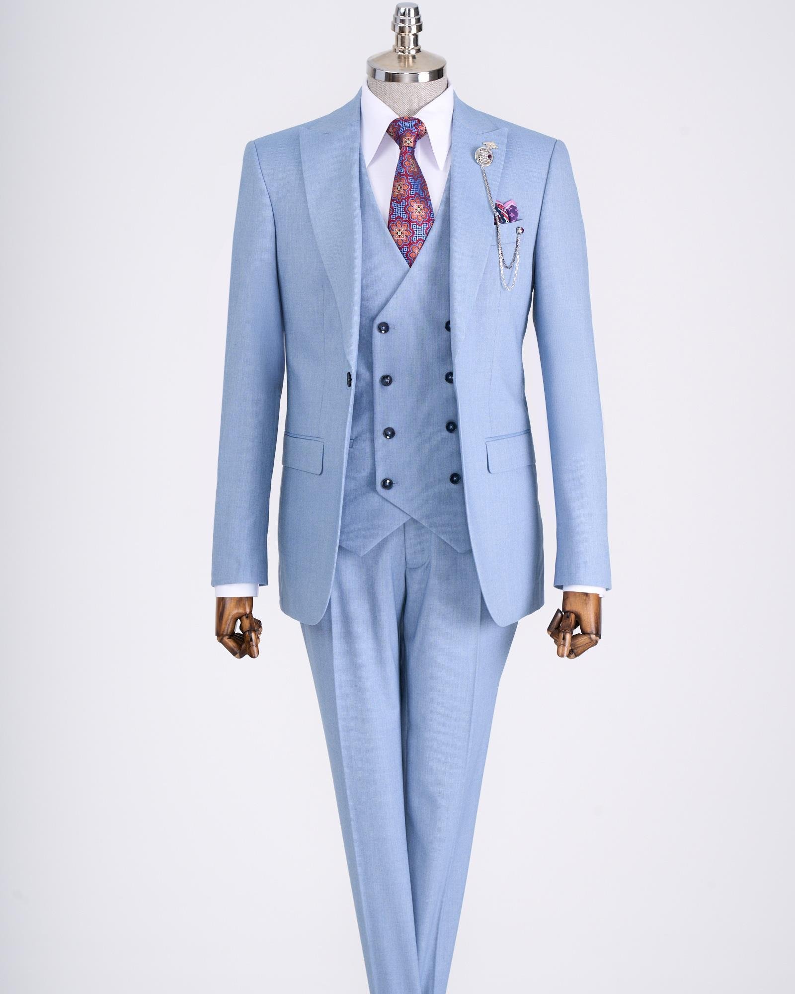 İtalyan stil ceket yelek pantolon takım elbise mavi T12809