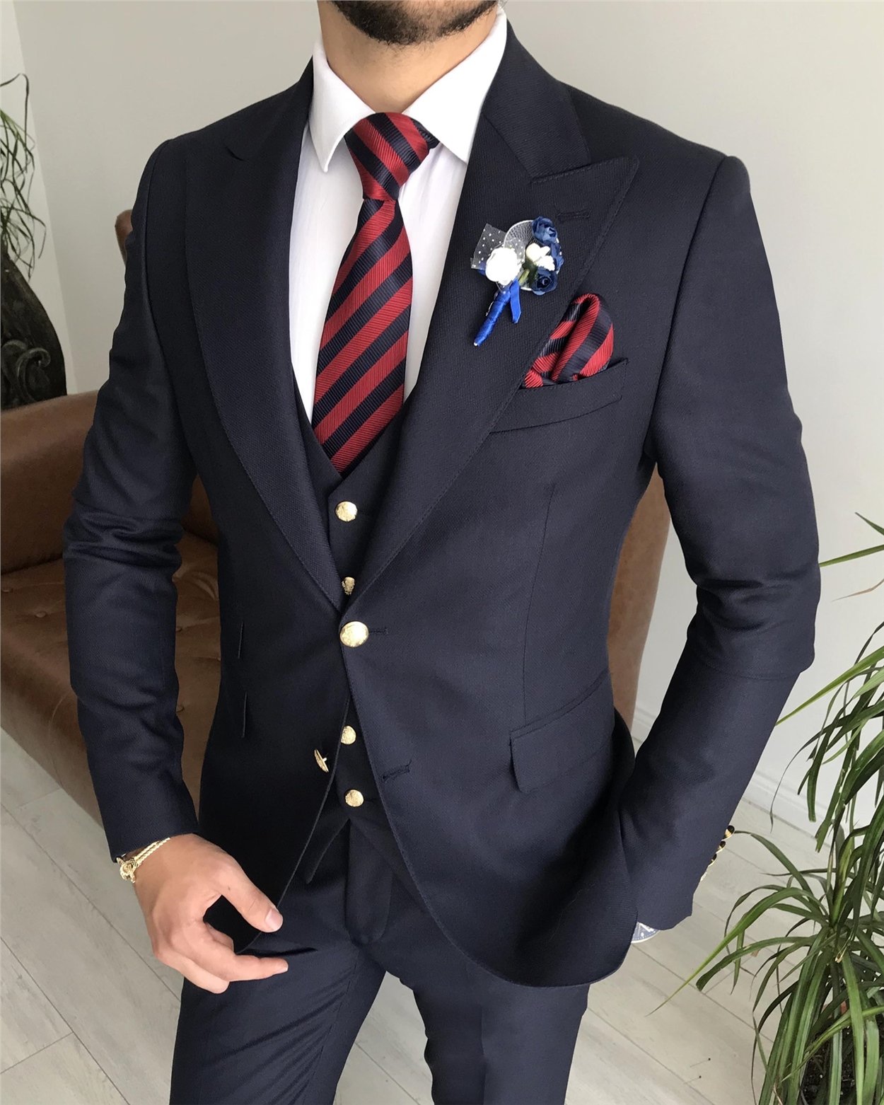 İtalyan stil ceket yelek pantolon takım elbise Lacivert T7666