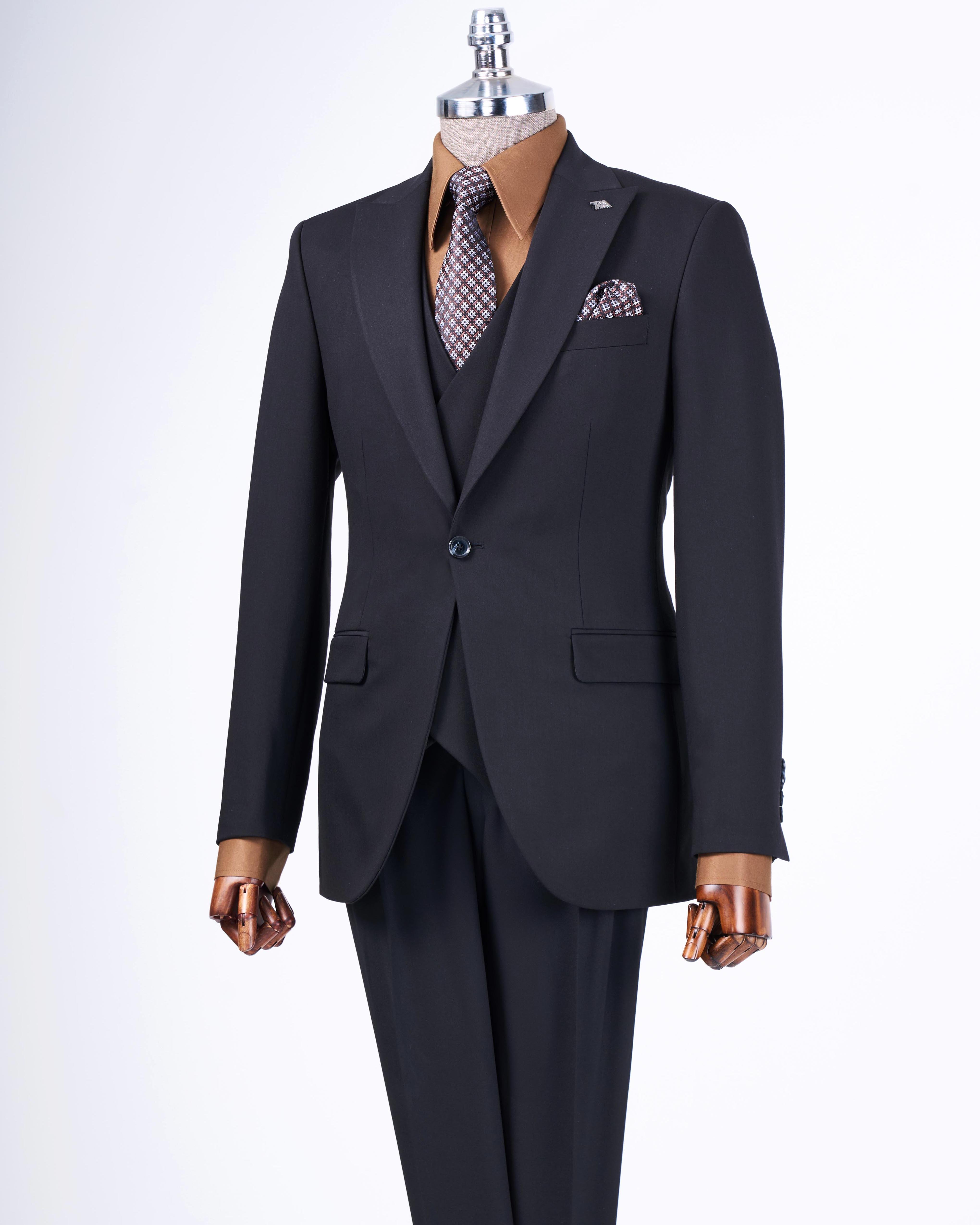 İtalyan stil ceket yelek pantolon takım elbise Siyah T8614