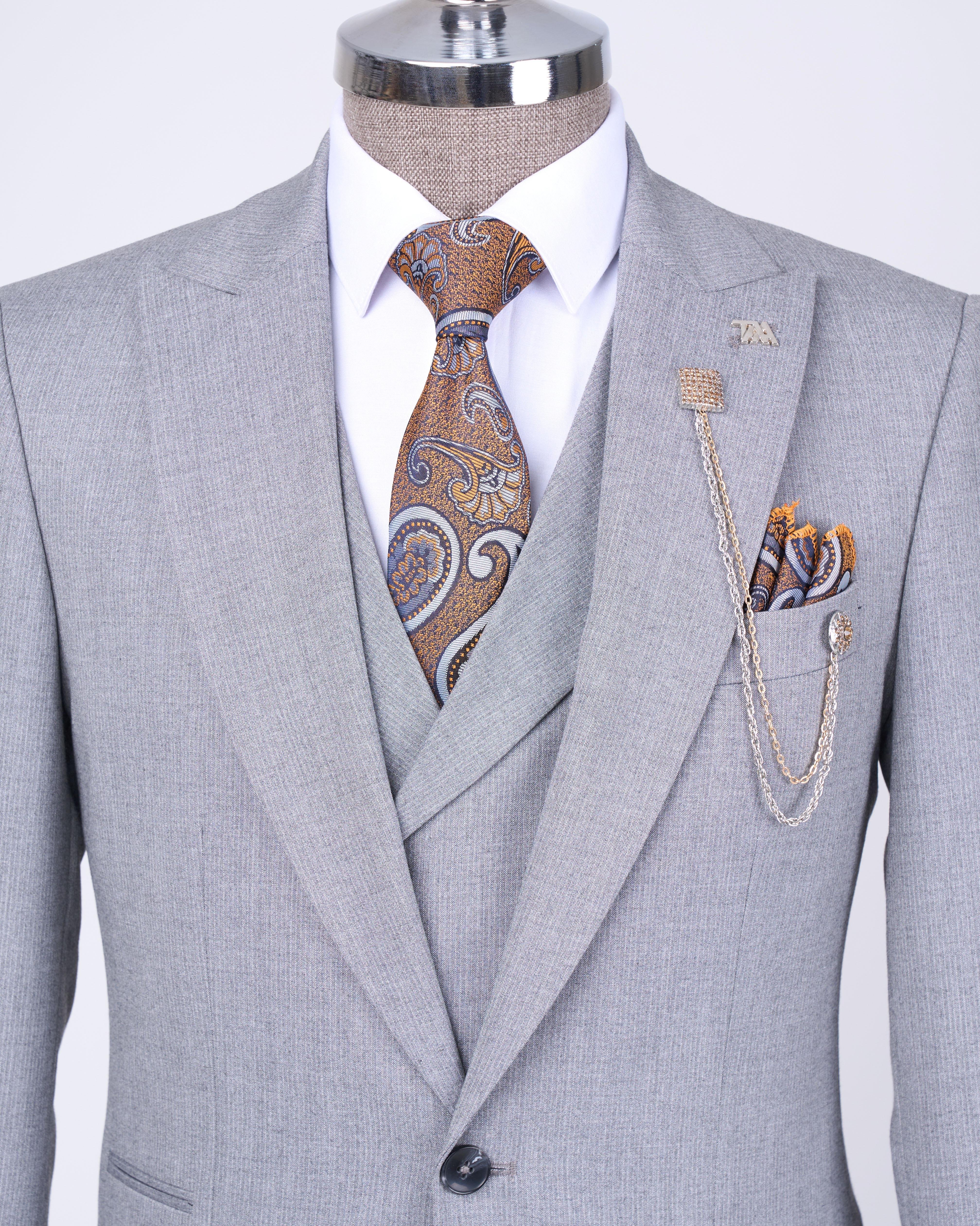 Italian style jacket vest trouser suit light gray T12817