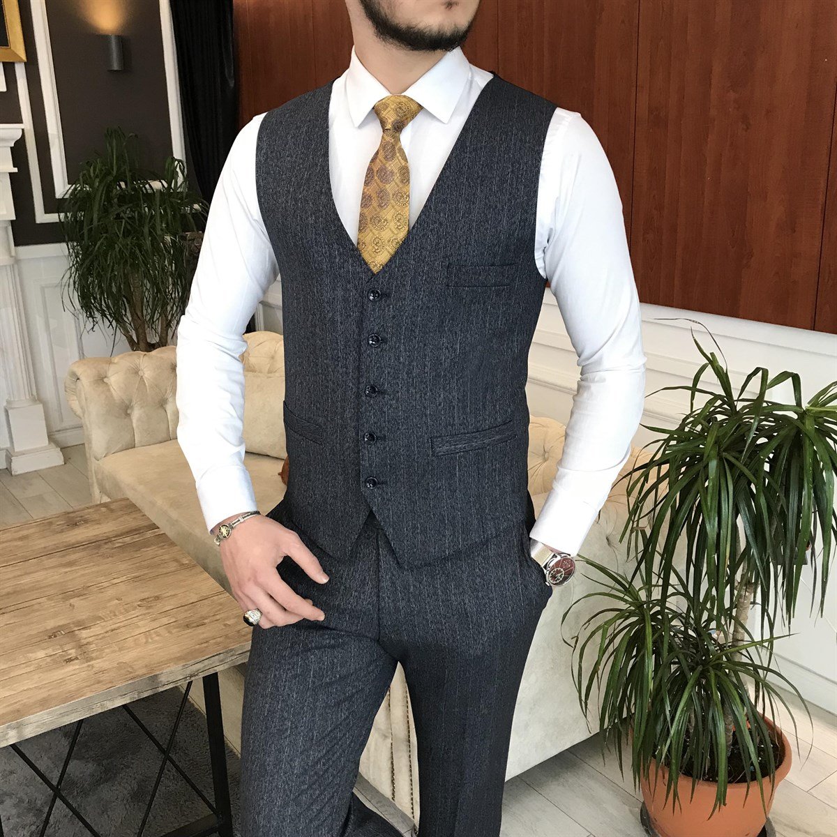 İtalyan stil ceket yelek pantolon takım elbise lacivert  T6993
