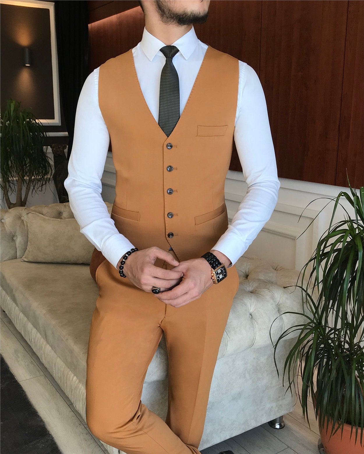 İtalyan stil  ceket yelek pantolon takım elbise camel T6250
