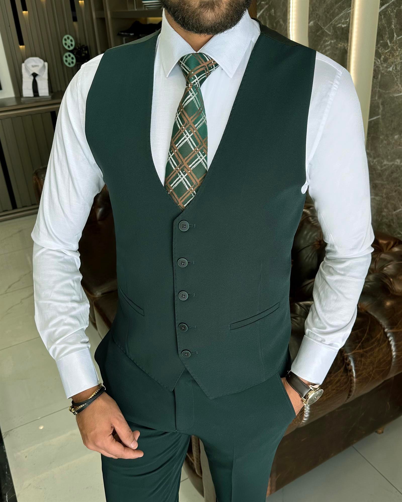 İtalyan stil  ceket yelek pantolon takım elbise yeşil T10533