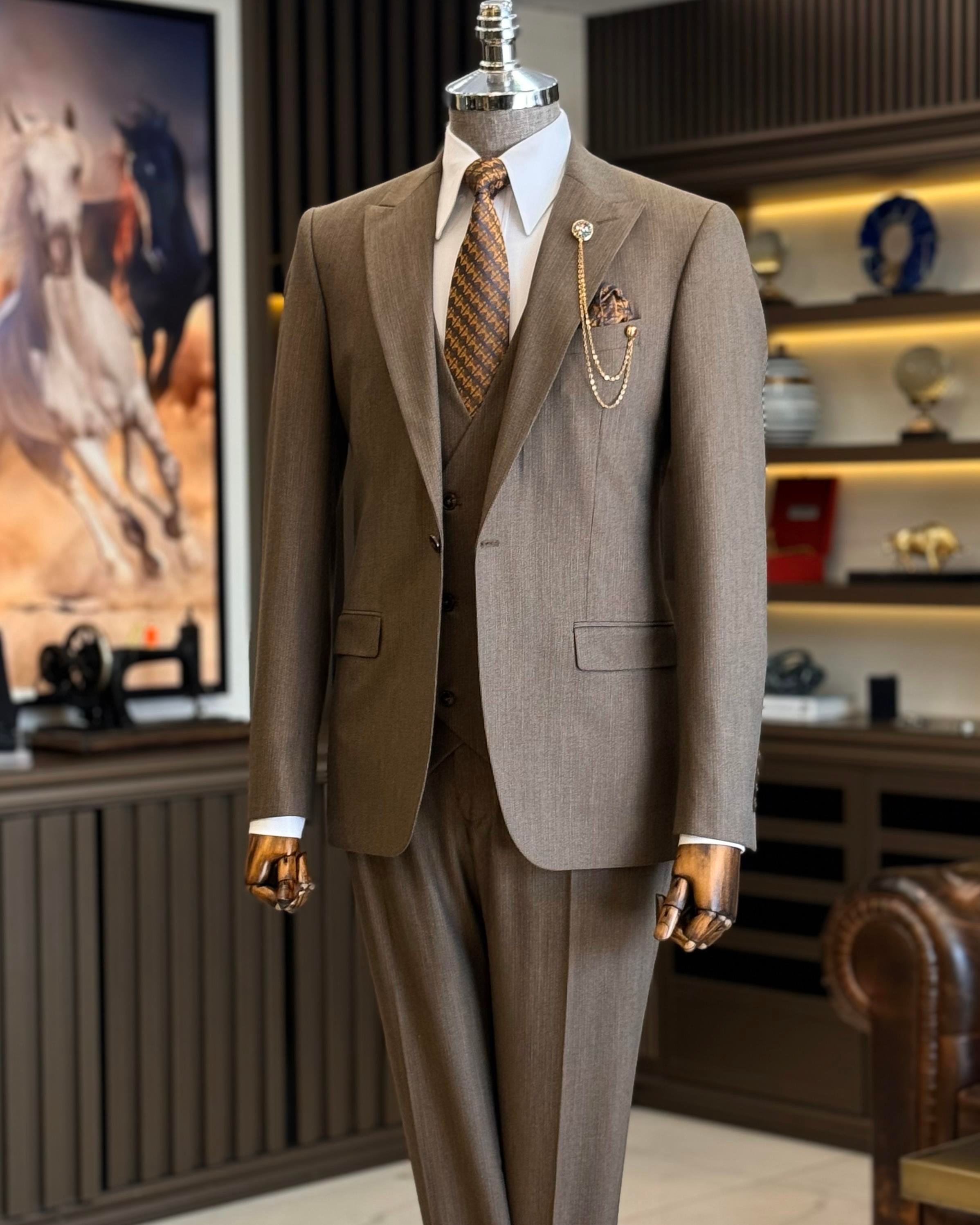 İtalyan stil ceket yelek pantolon takım elbise kahverengi T12878