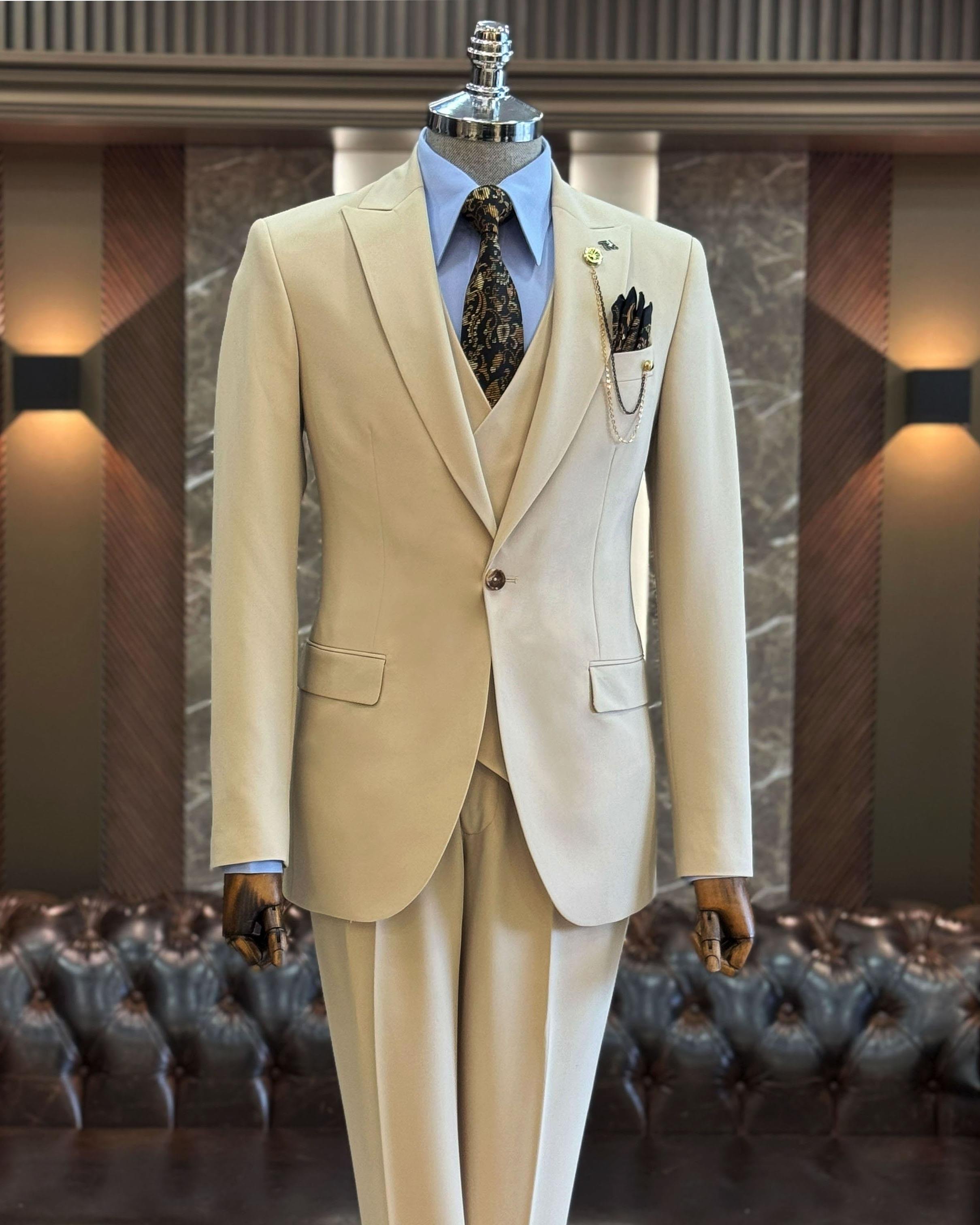 İtalyan stil ceket yelek pantolon takım elbise bej  T12007