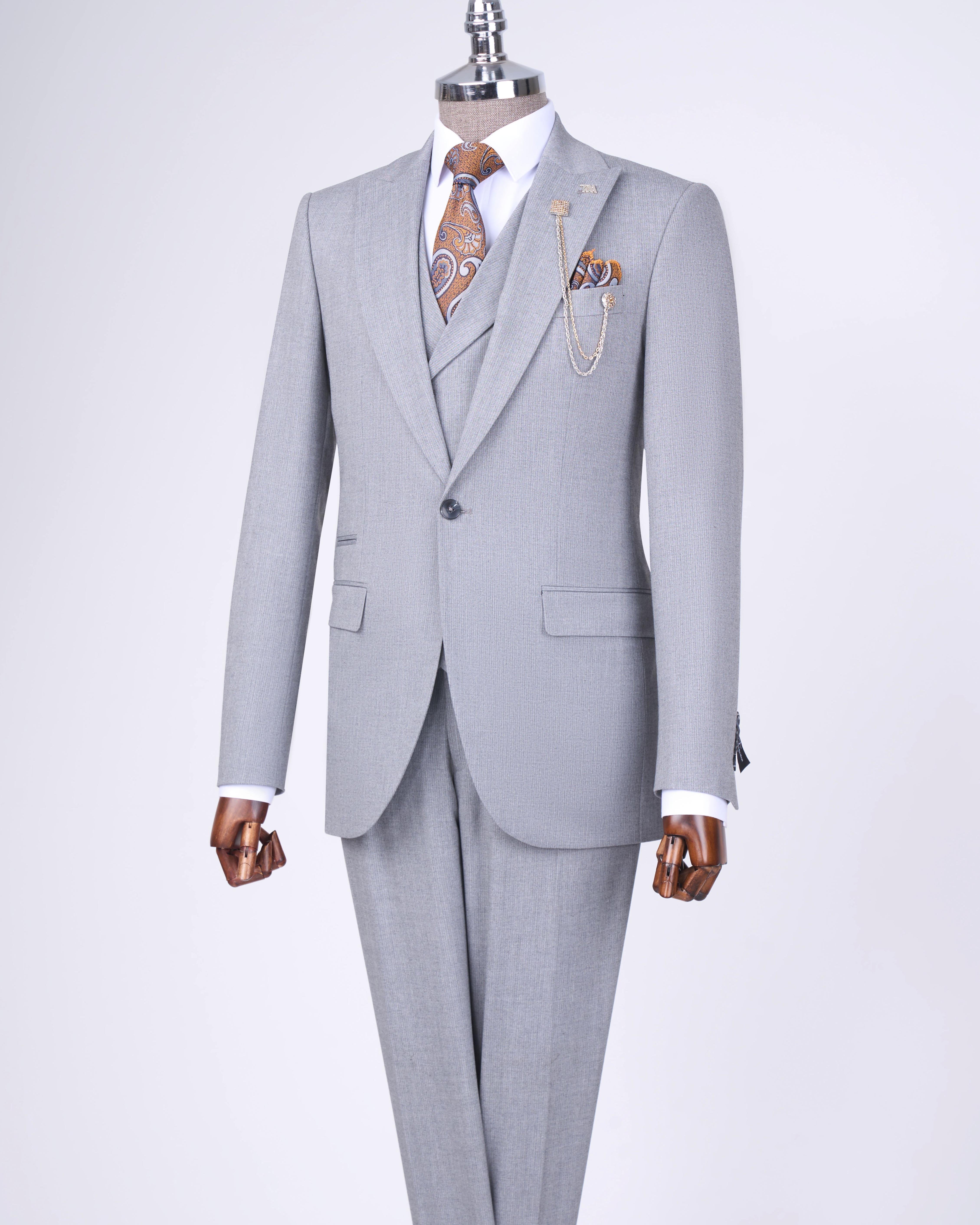Italian style jacket vest trouser suit light gray T12817