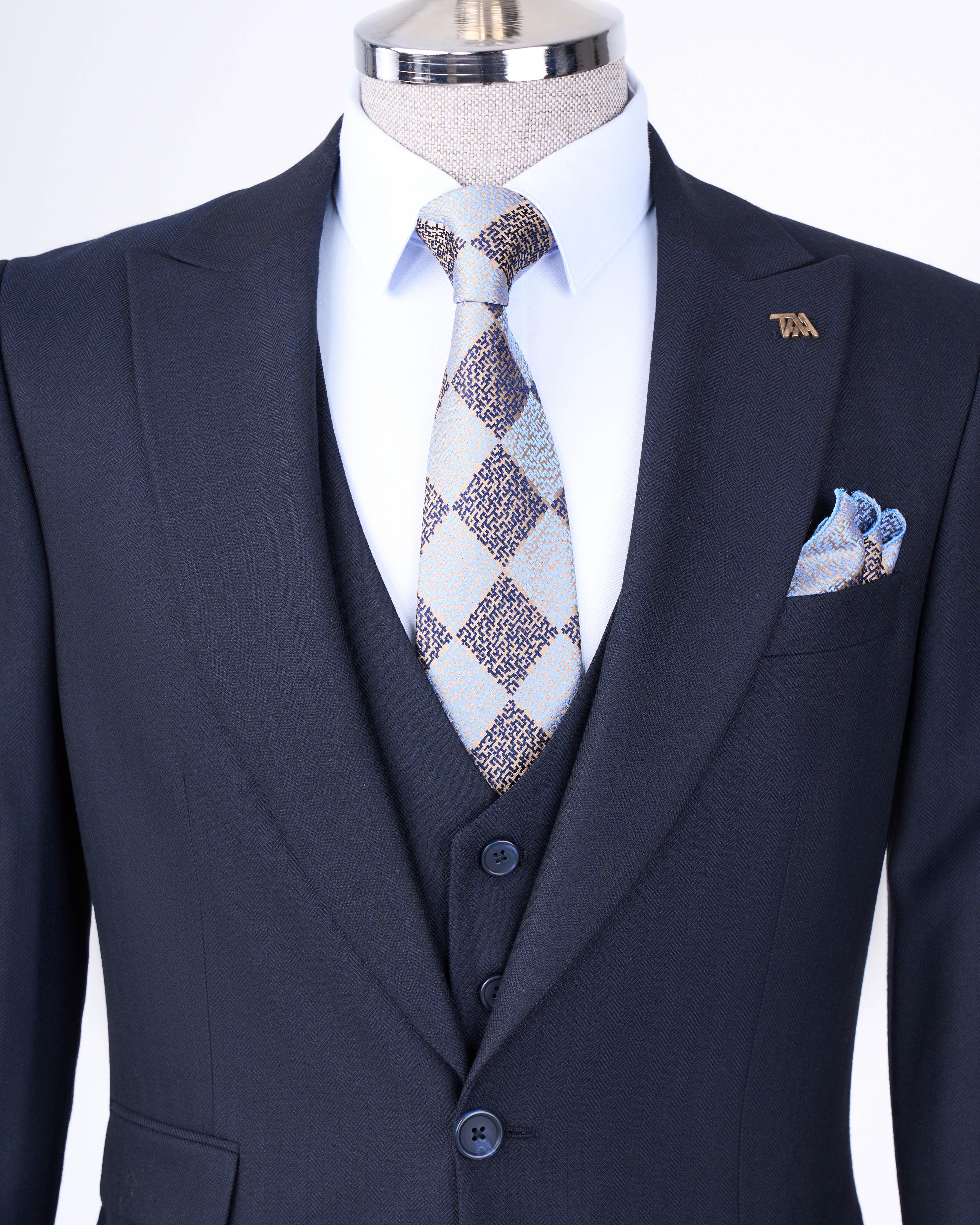 Italian style jacket vest trouser suit Navy Blue T8621