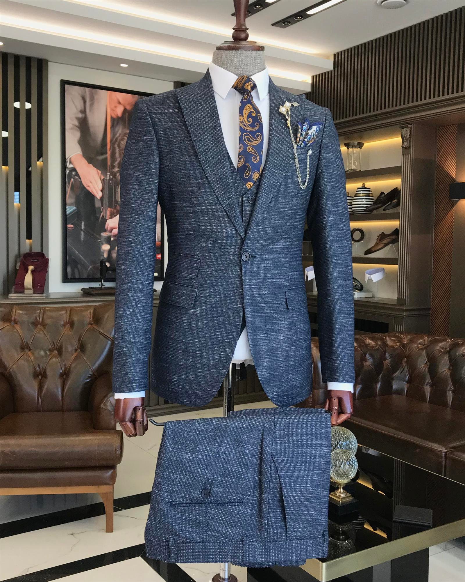 Italian Style Jacket Vest Pants Suit Navy Blue T8630