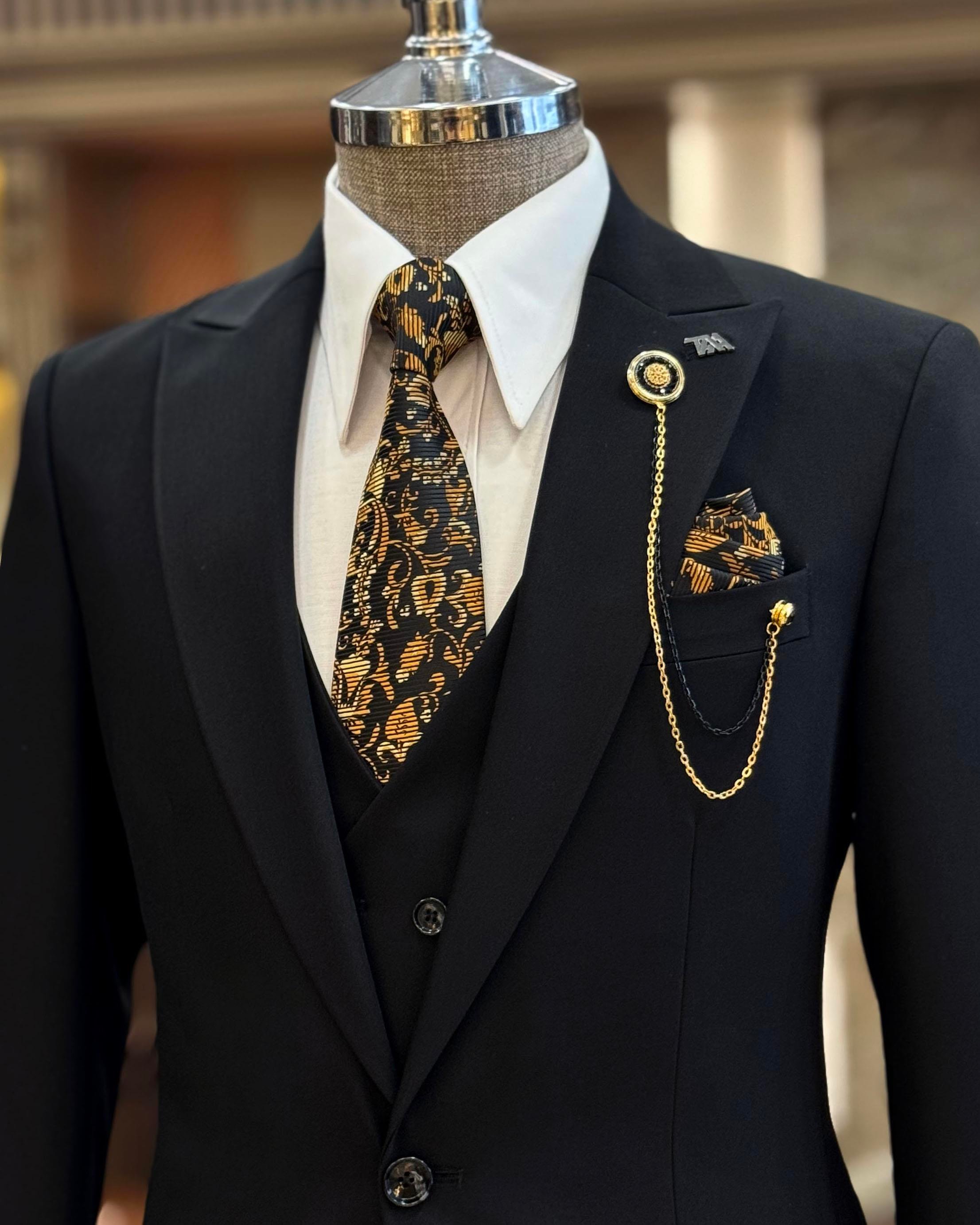 İtalyan stil ceket yelek pantolon takım elbise siyah T12014