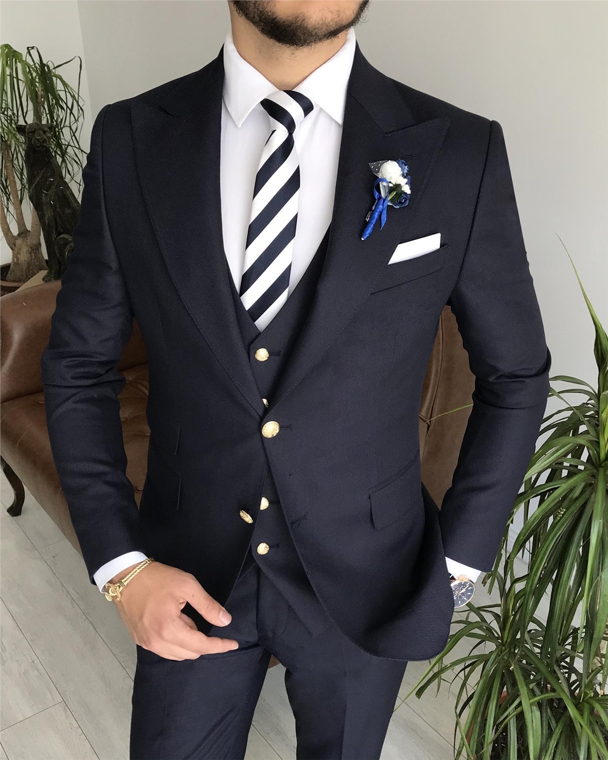 İtalyan stil ceket yelek pantolon takım elbise Lacivert T7666
