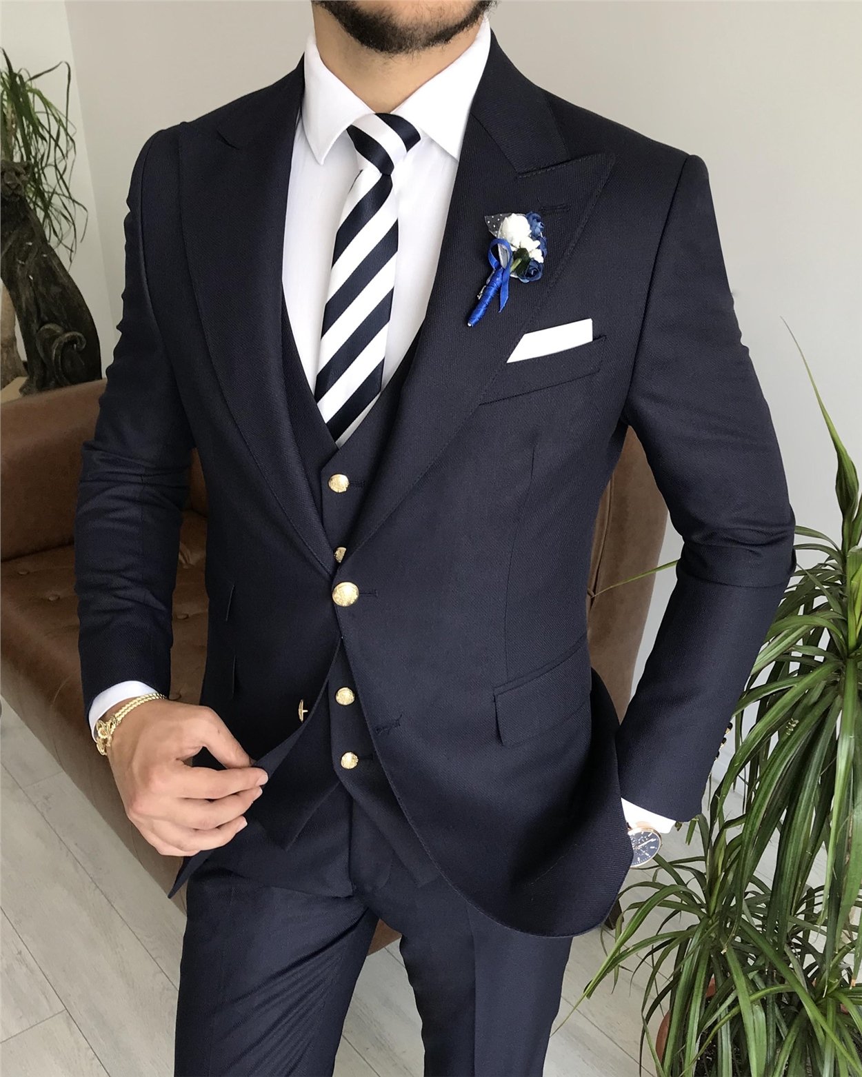 İtalyan stil ceket yelek pantolon takım elbise Lacivert T7666