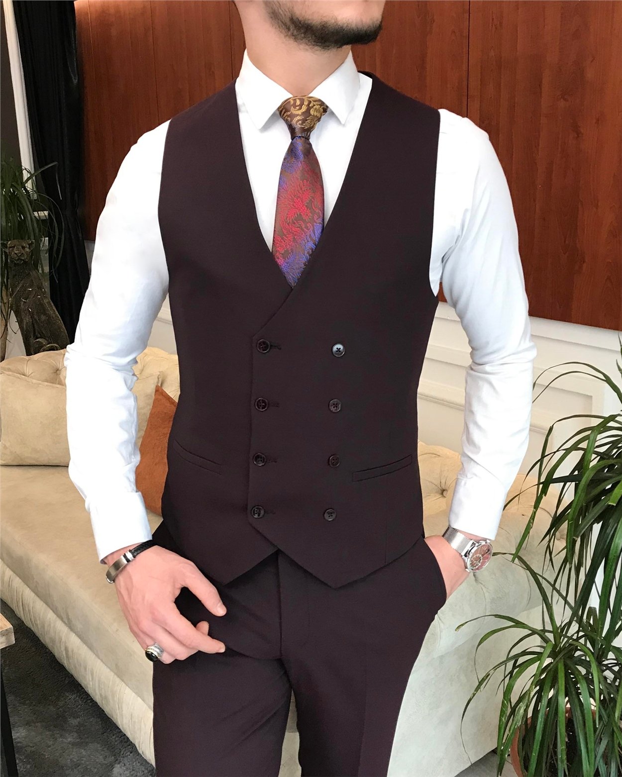 İtalyan stil  ceket yelek pantolon takım elbise Bordo T6777
