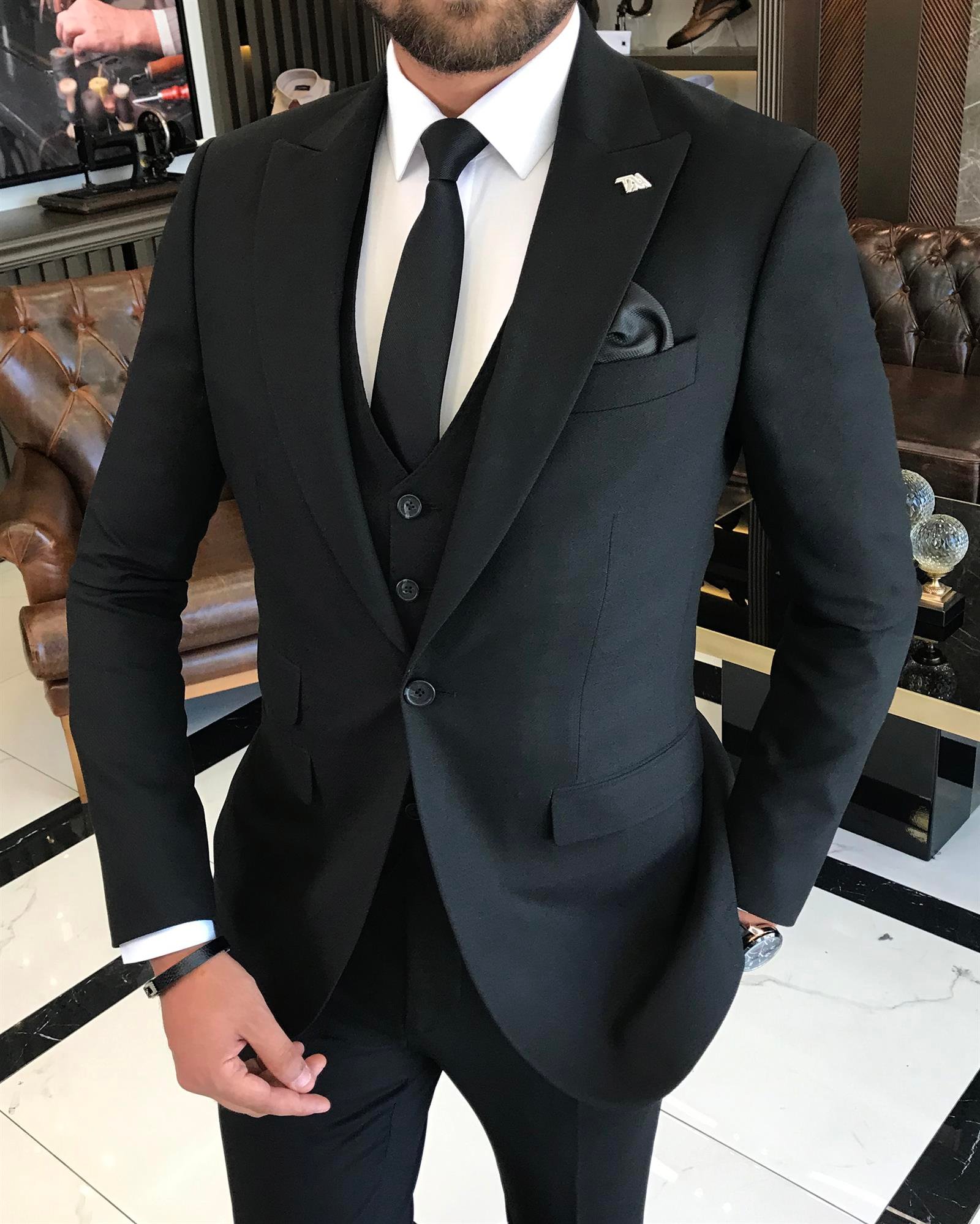 Italian Style Jacket Vest Trousers Amelor Suit Black T5585