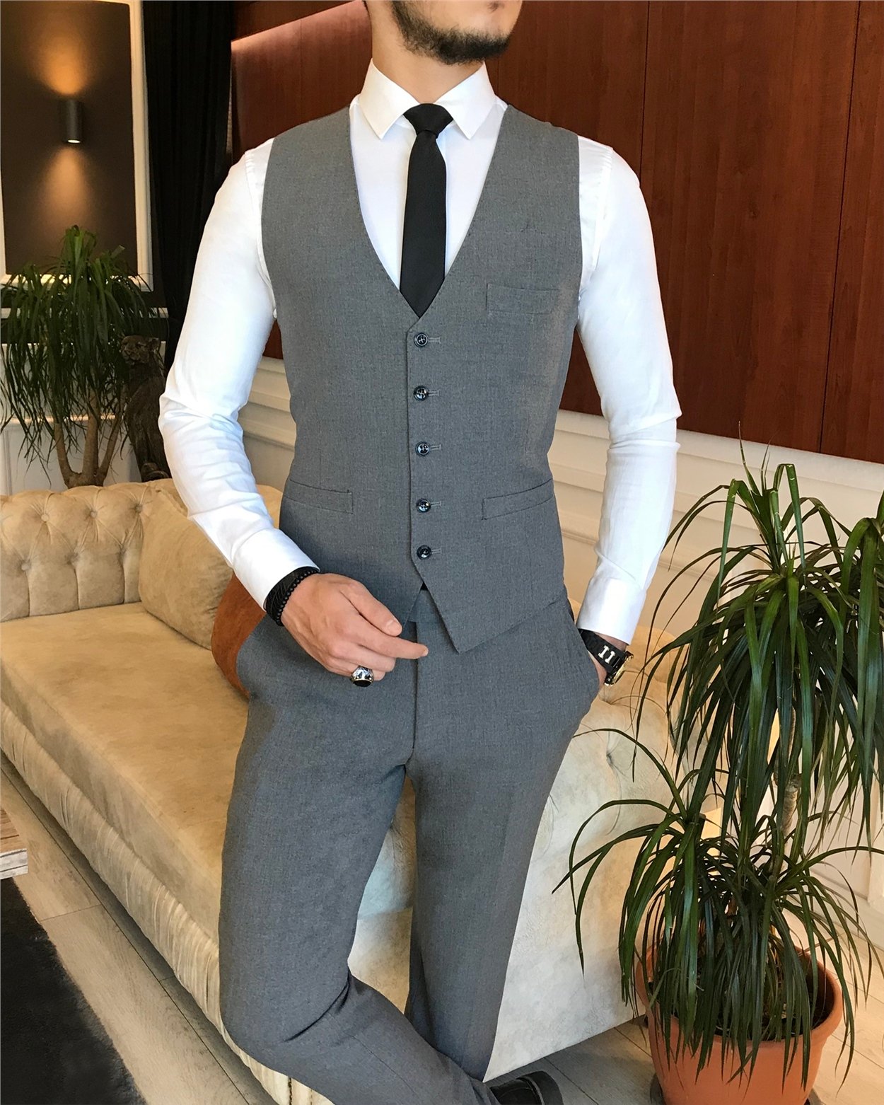 İtalyan stil  ceket yelek pantolon takım elbise gri T6251