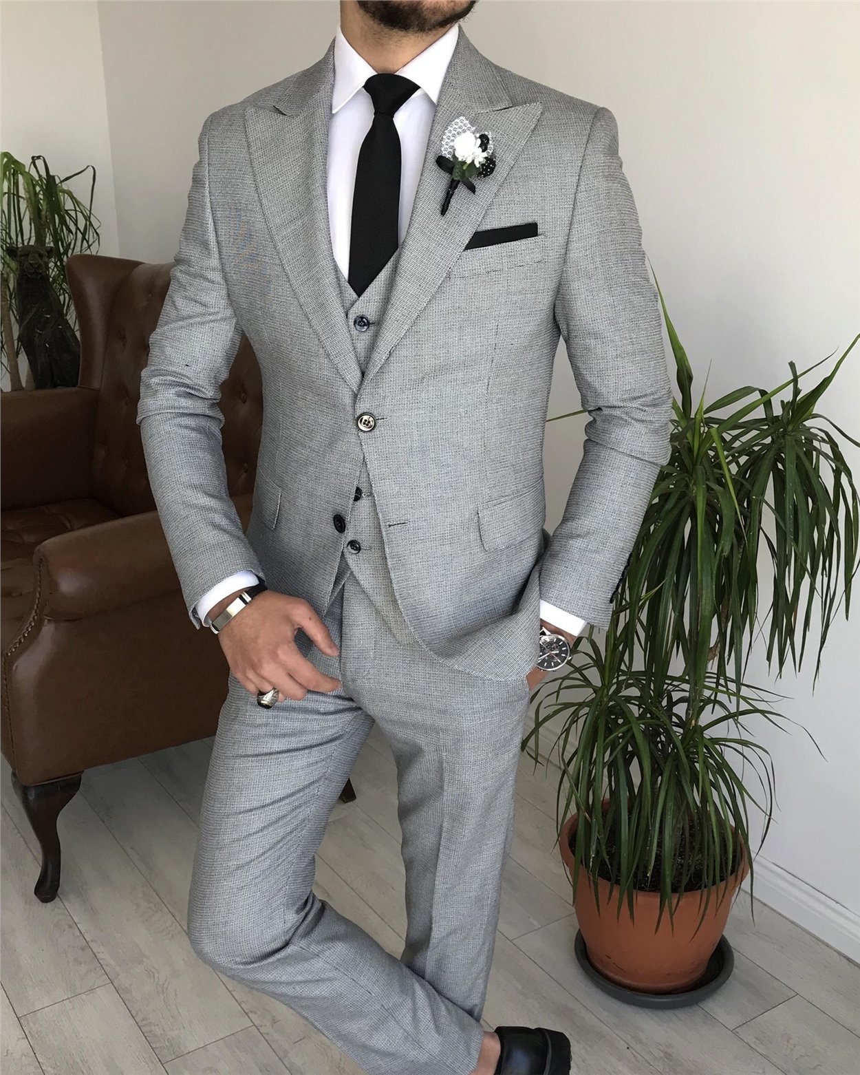 İtalyan stil ceket yelek pantolon takım elbise Gri T7670
