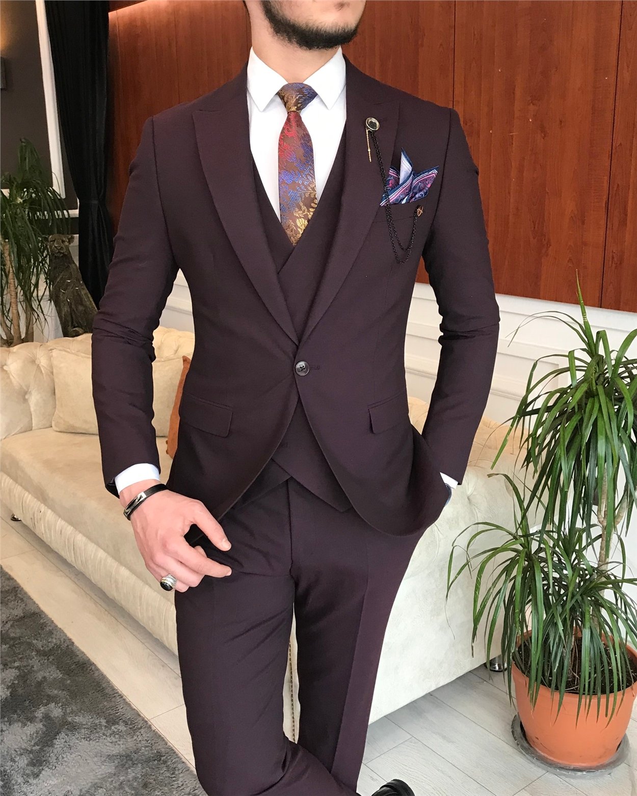 İtalyan stil  ceket yelek pantolon takım elbise Bordo T6777