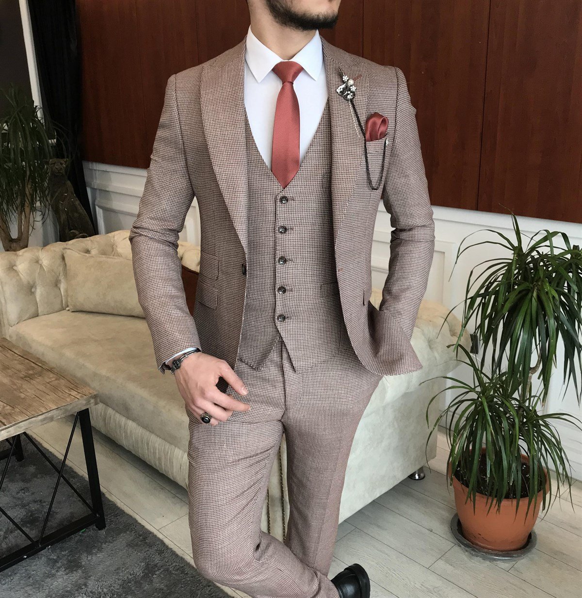 İtalyan stil ceket yelek pantolon takım elbise turuncu T7009
