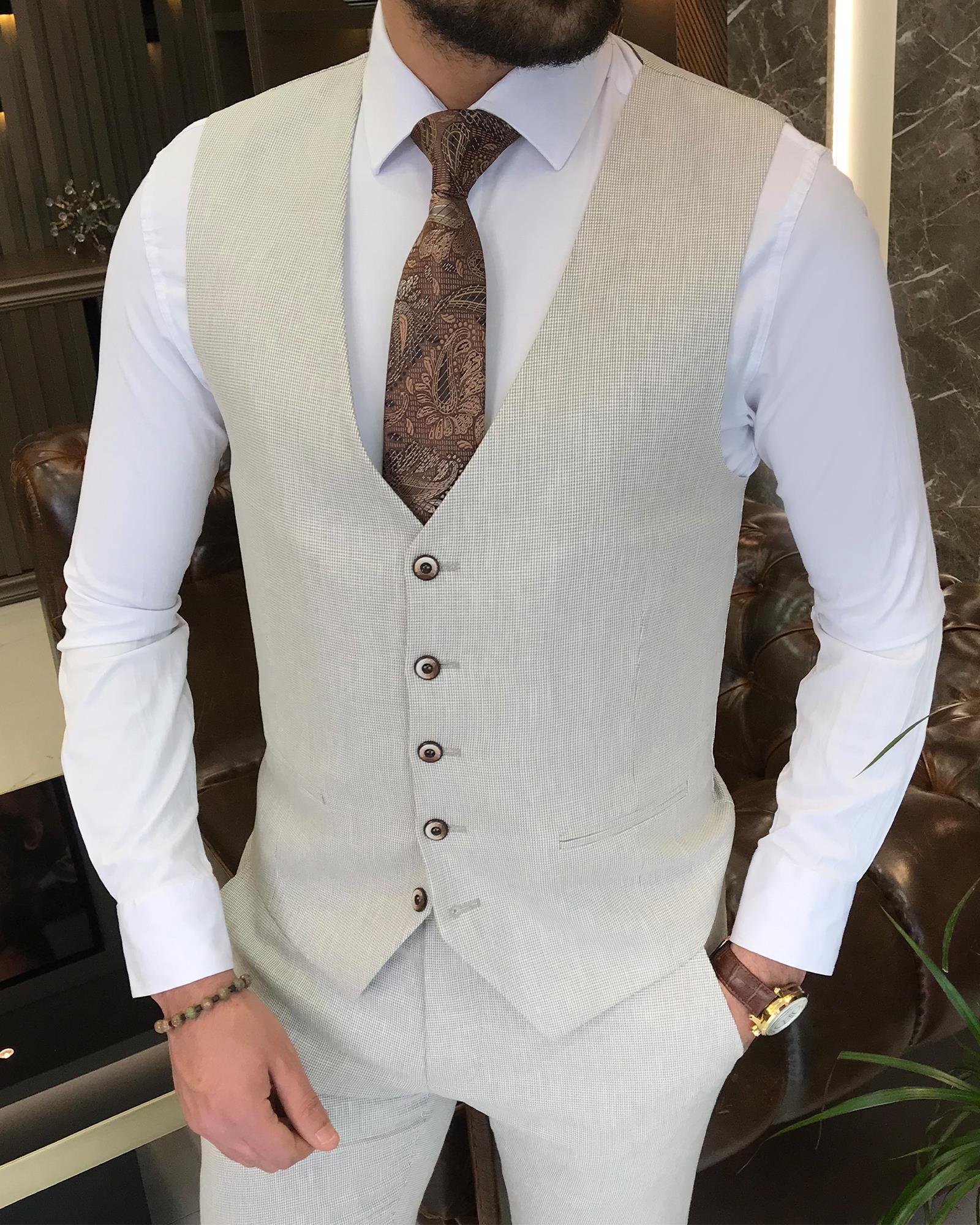 İtalyan stil ceket yelek pantolon takım elbise Bej T9057