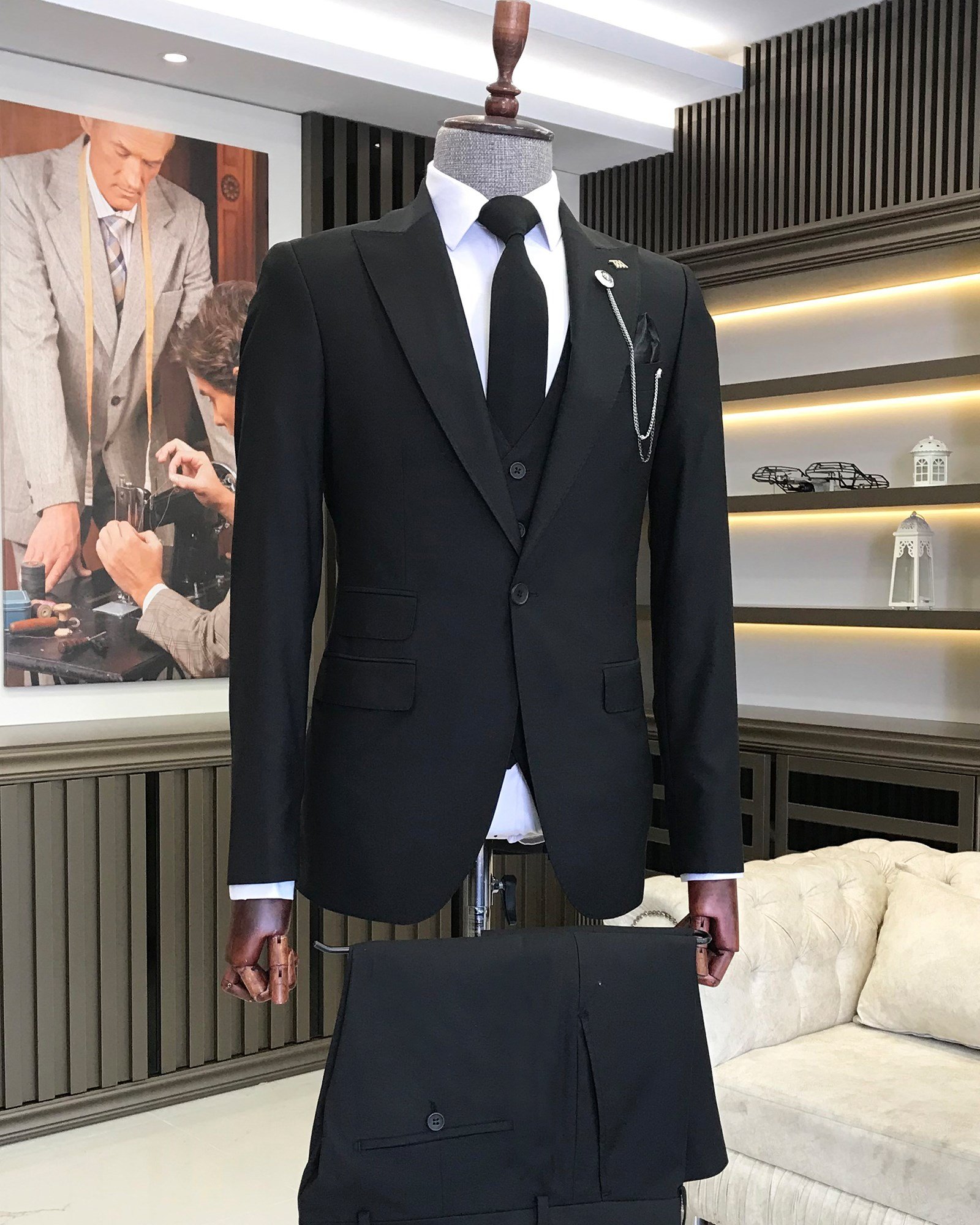 İtalyan stil  ceket yelek pantolon takım elbise Siyah T5584