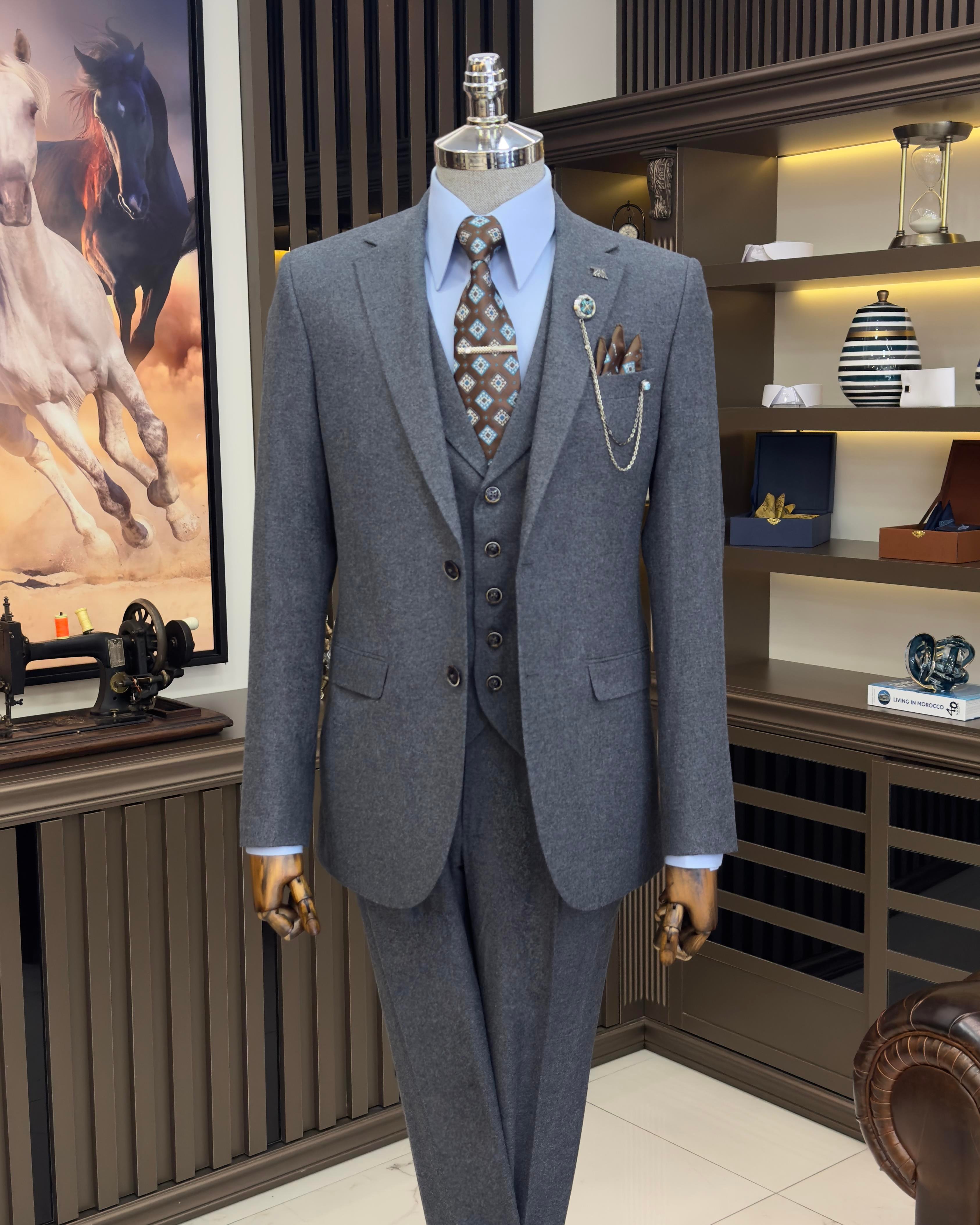 İtalyan stil ceket yelek pileli pantolon takım elbise lacivert T11329