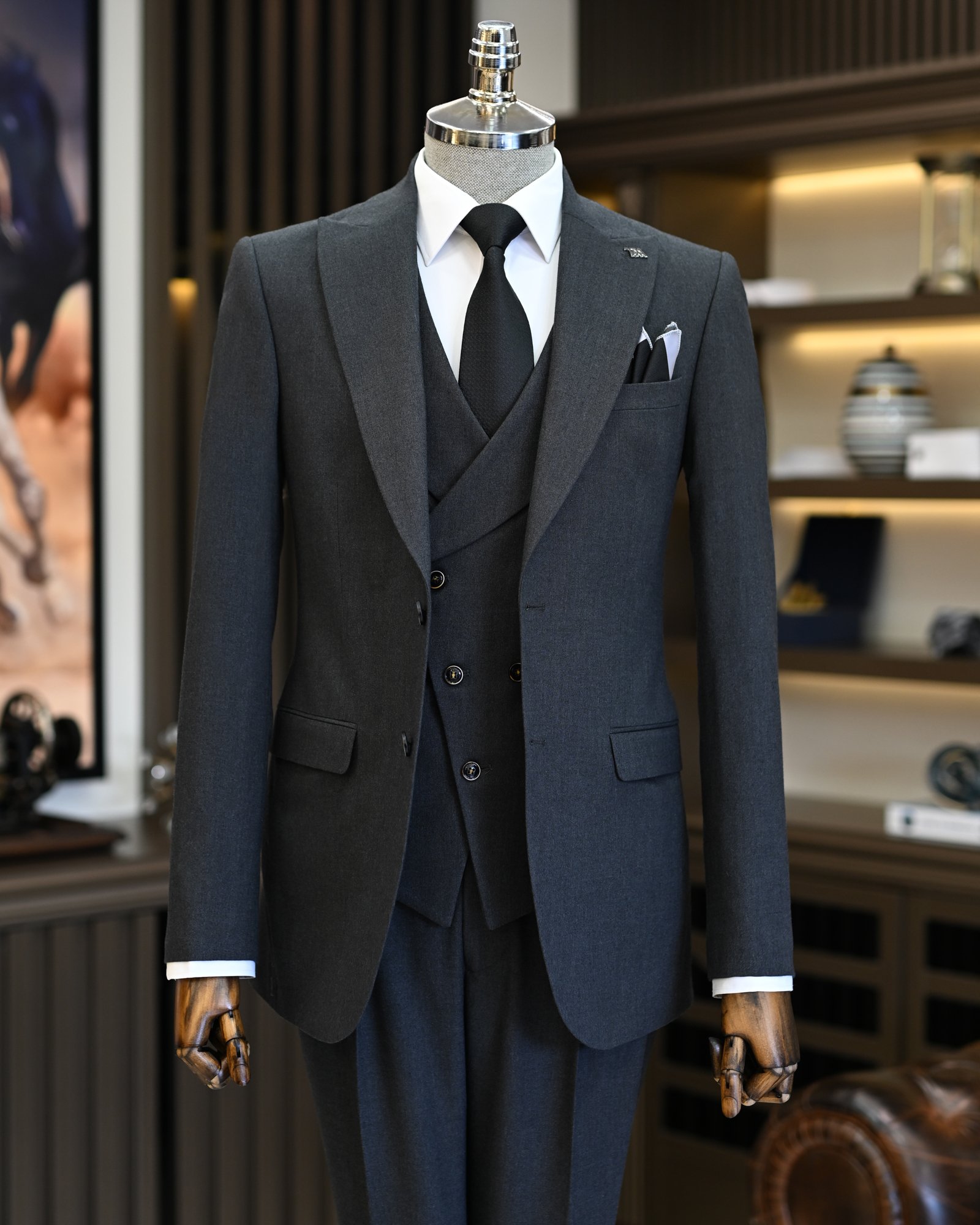 Italian style jacket vest pleated trouser suit anthracite T11327