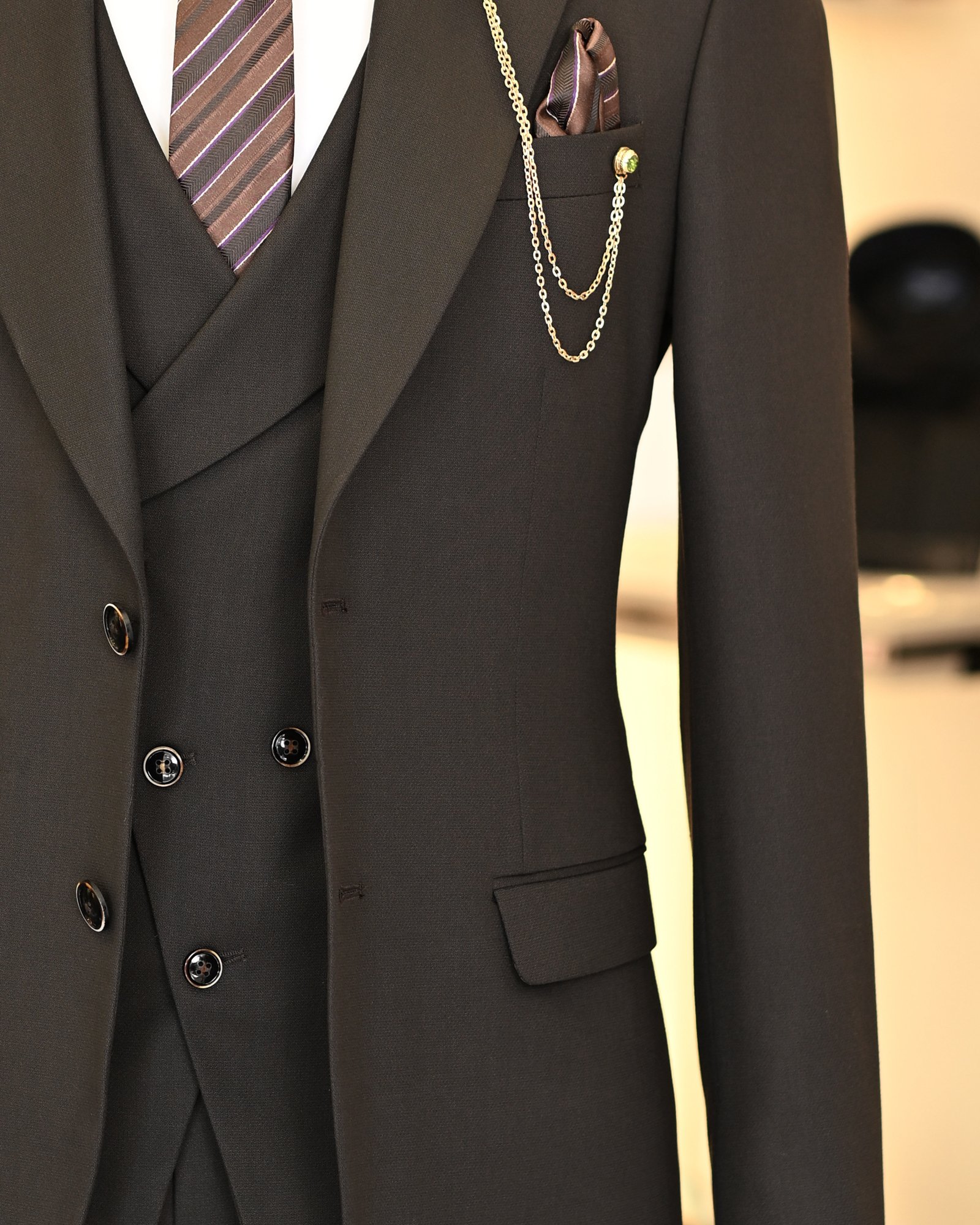 Italian style jacket vest pleated trouser suit brown T11314