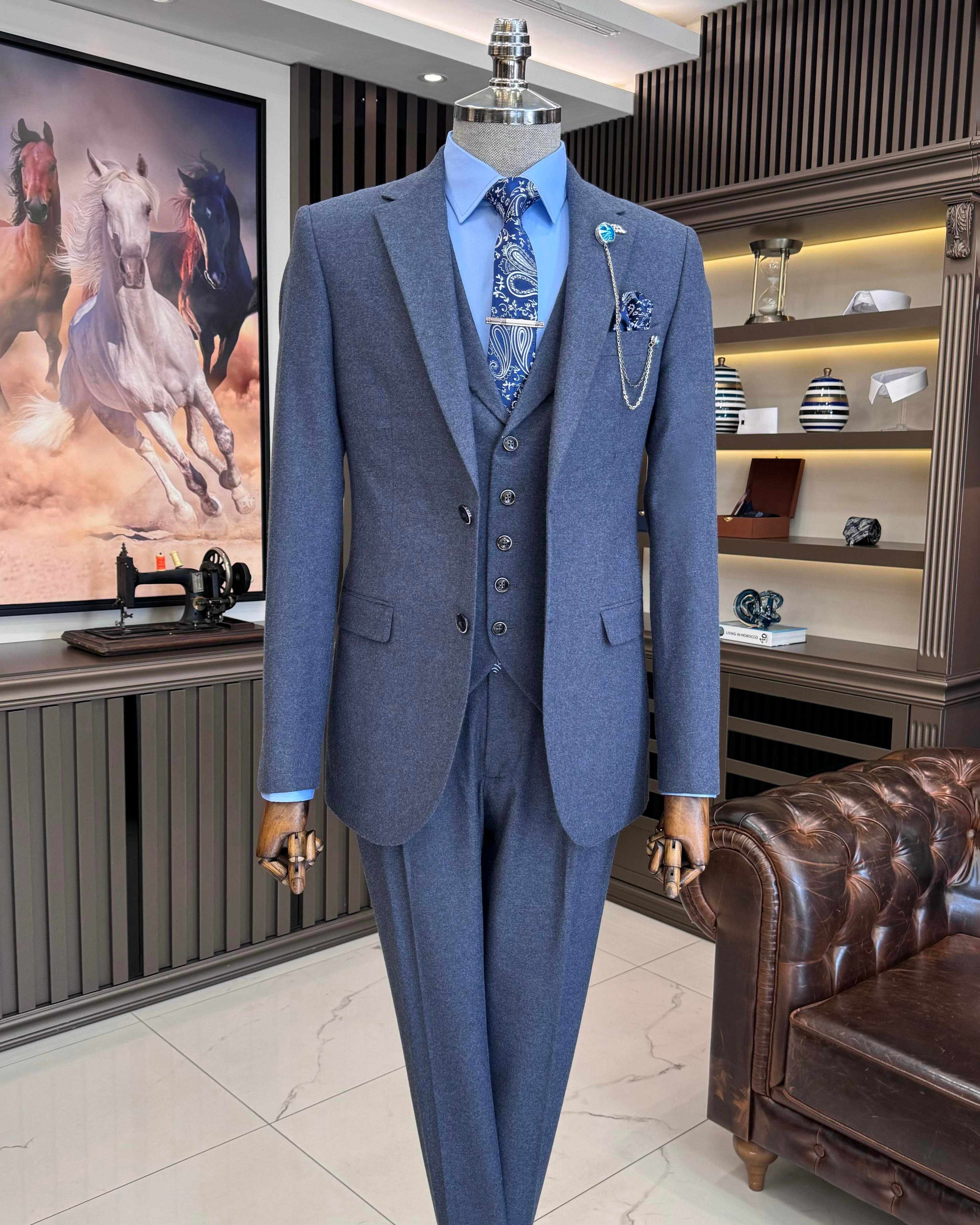 Italian style jacket vest pleated trouser suit blue T11331