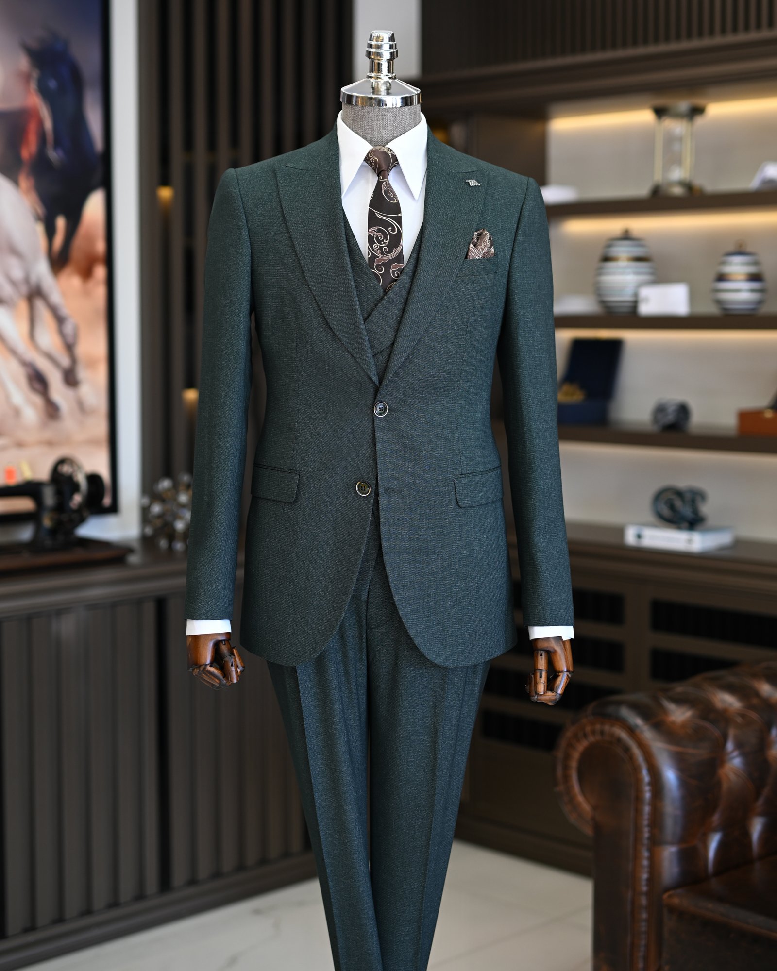 Italian style jacket vest pleated trouser suit green T11310