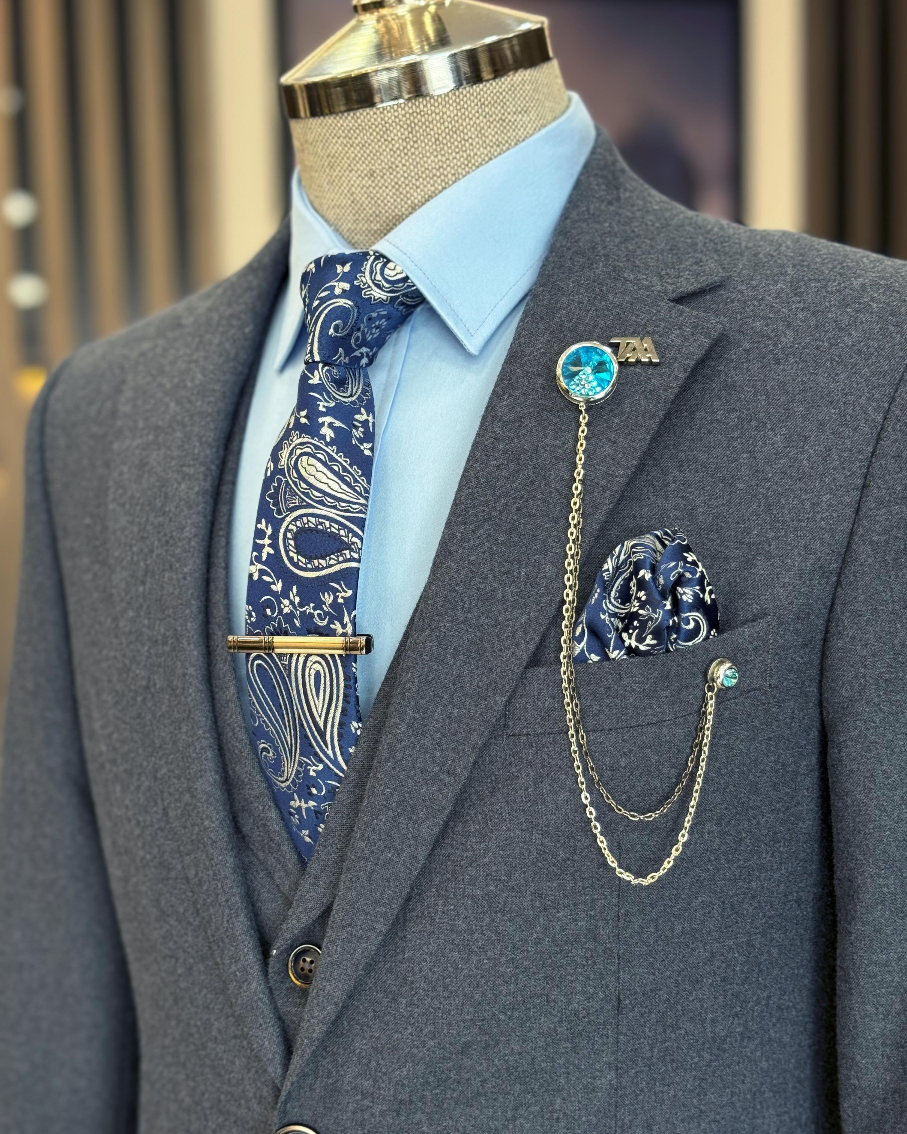 Italian style jacket vest pleated trouser suit blue T11331