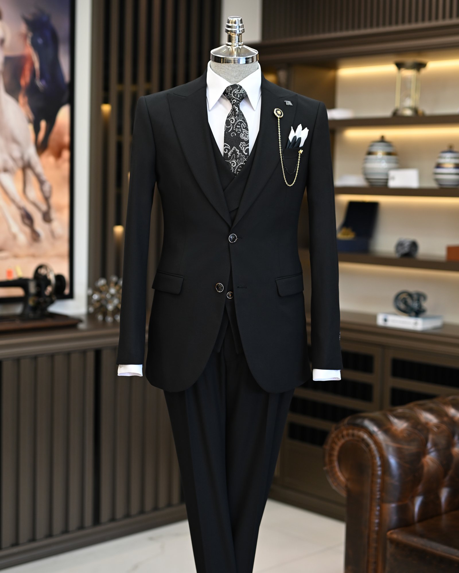 Italian style jacket vest pleated trouser suit black T11319
