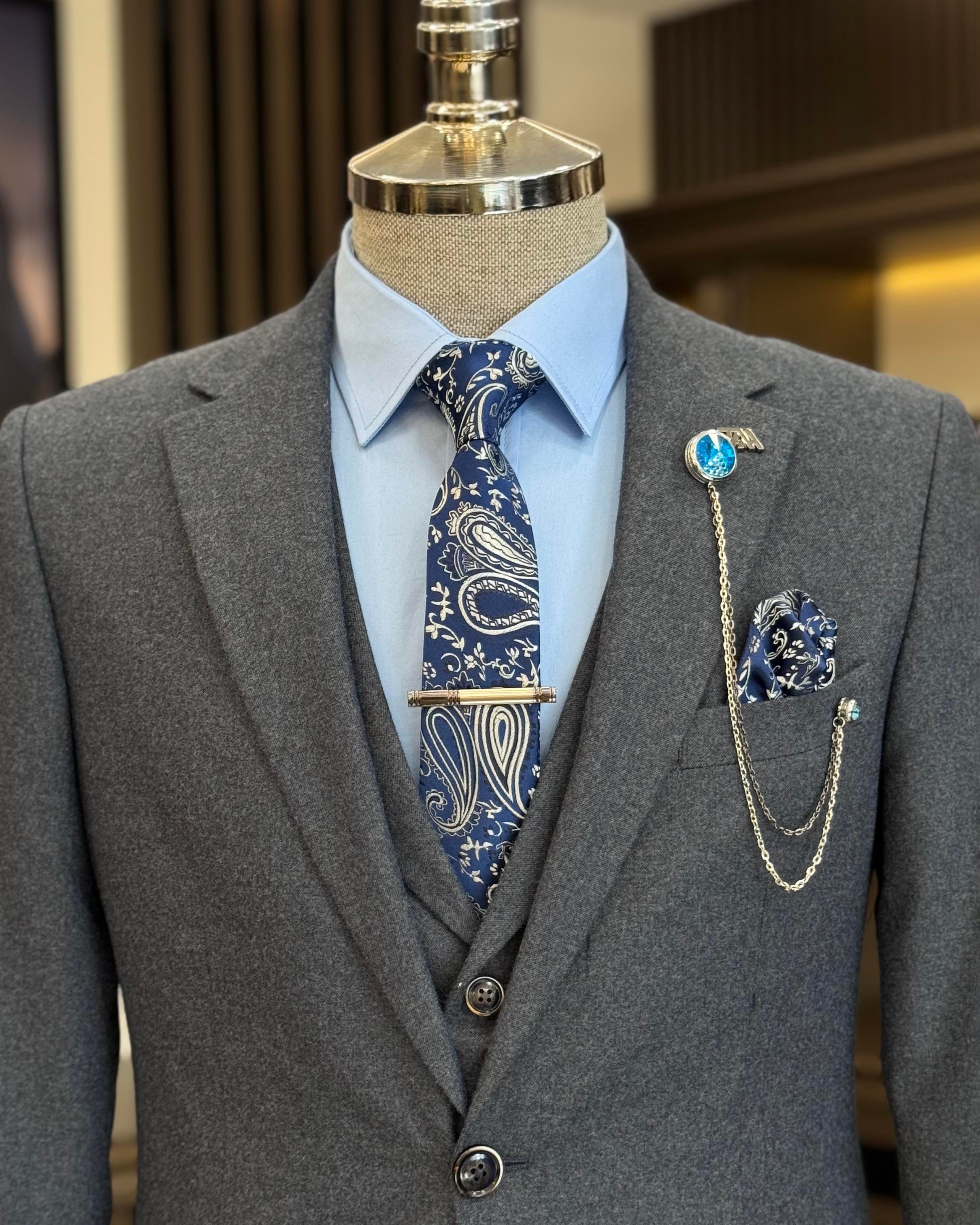 Italian style jacket vest pleated trouser suit blue T11331