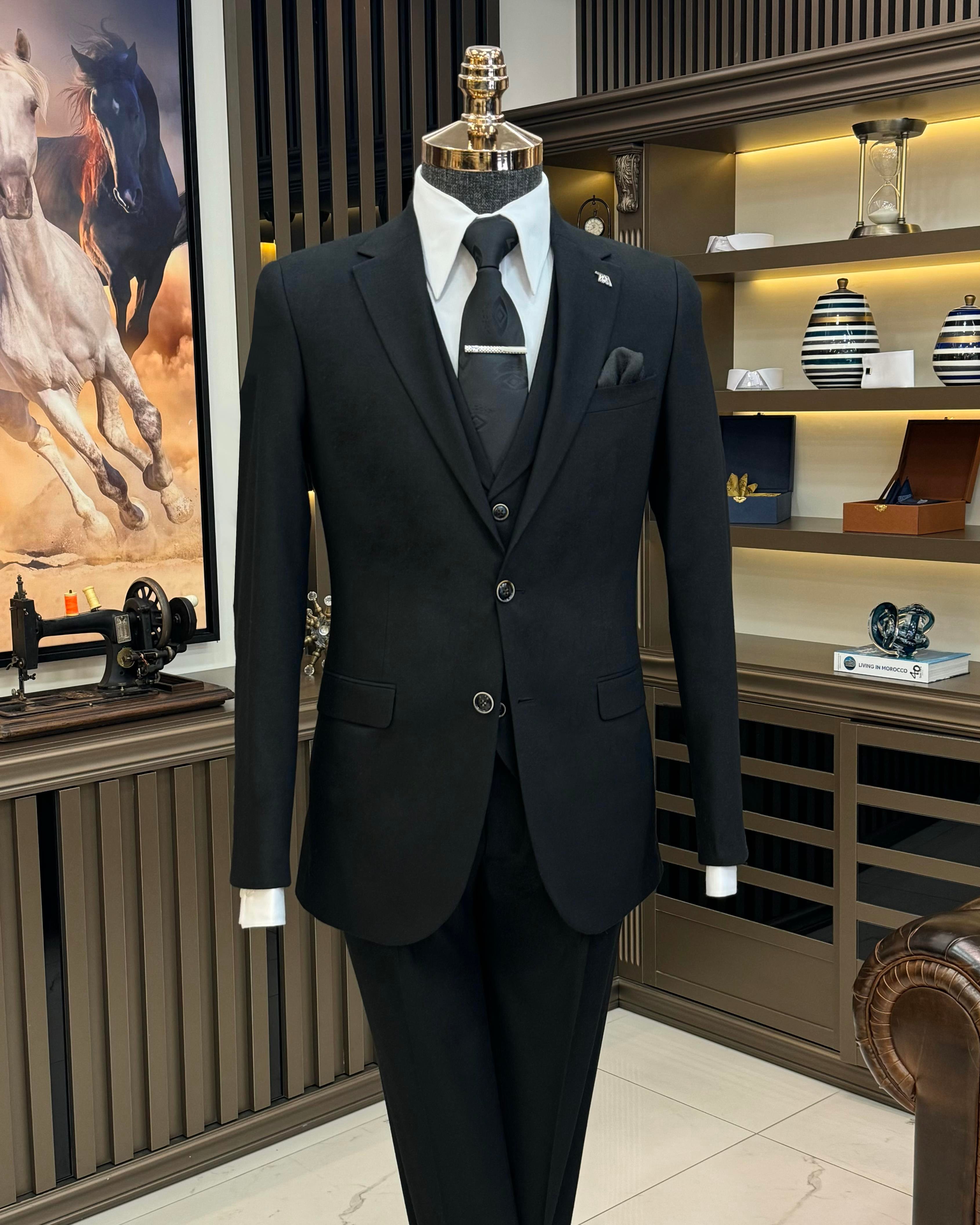 İtalyan stil ceket yelek pileli pantolon takım elbise siyah T11301