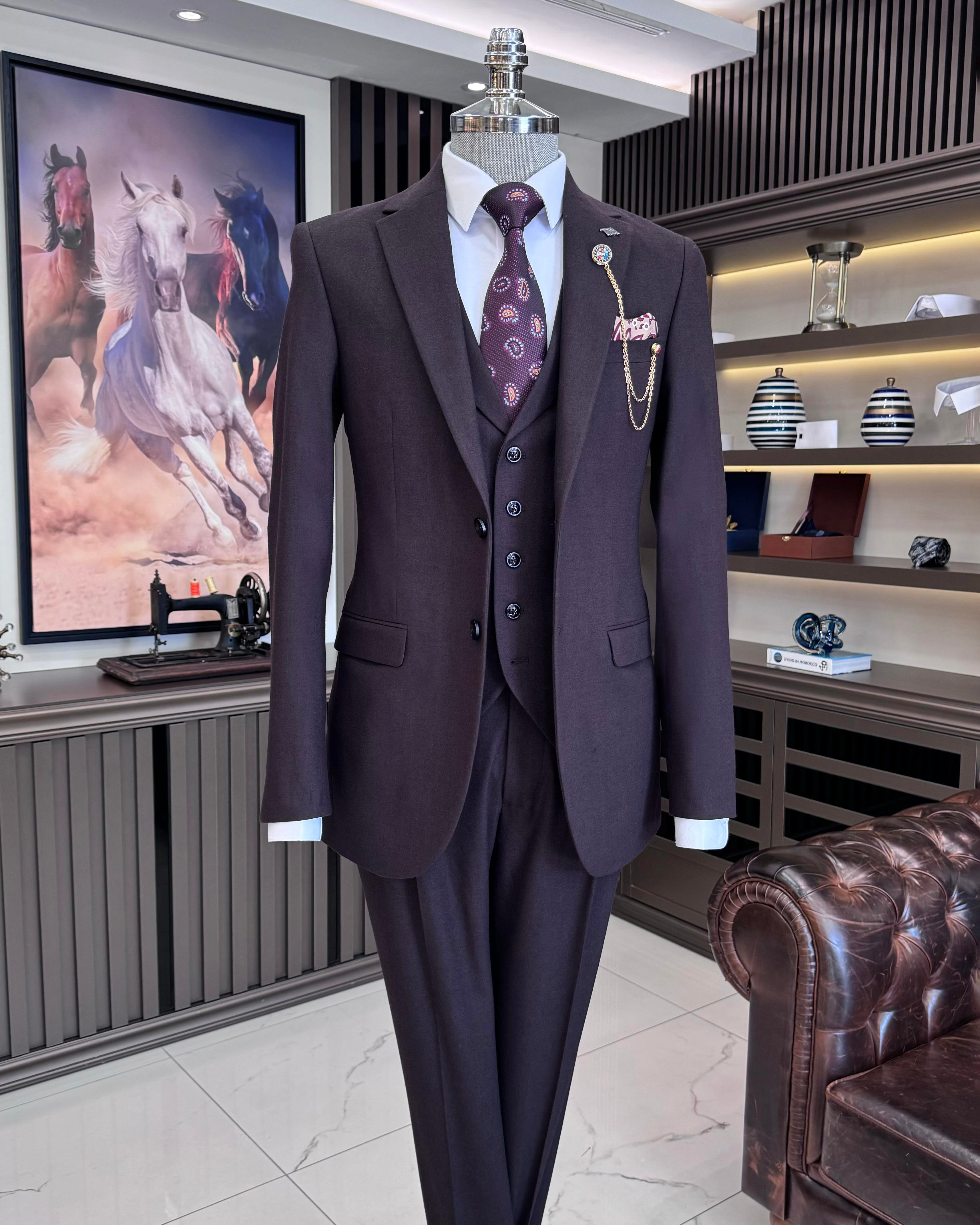 Italian style jacket vest pleated trouser suit burgundy T11305