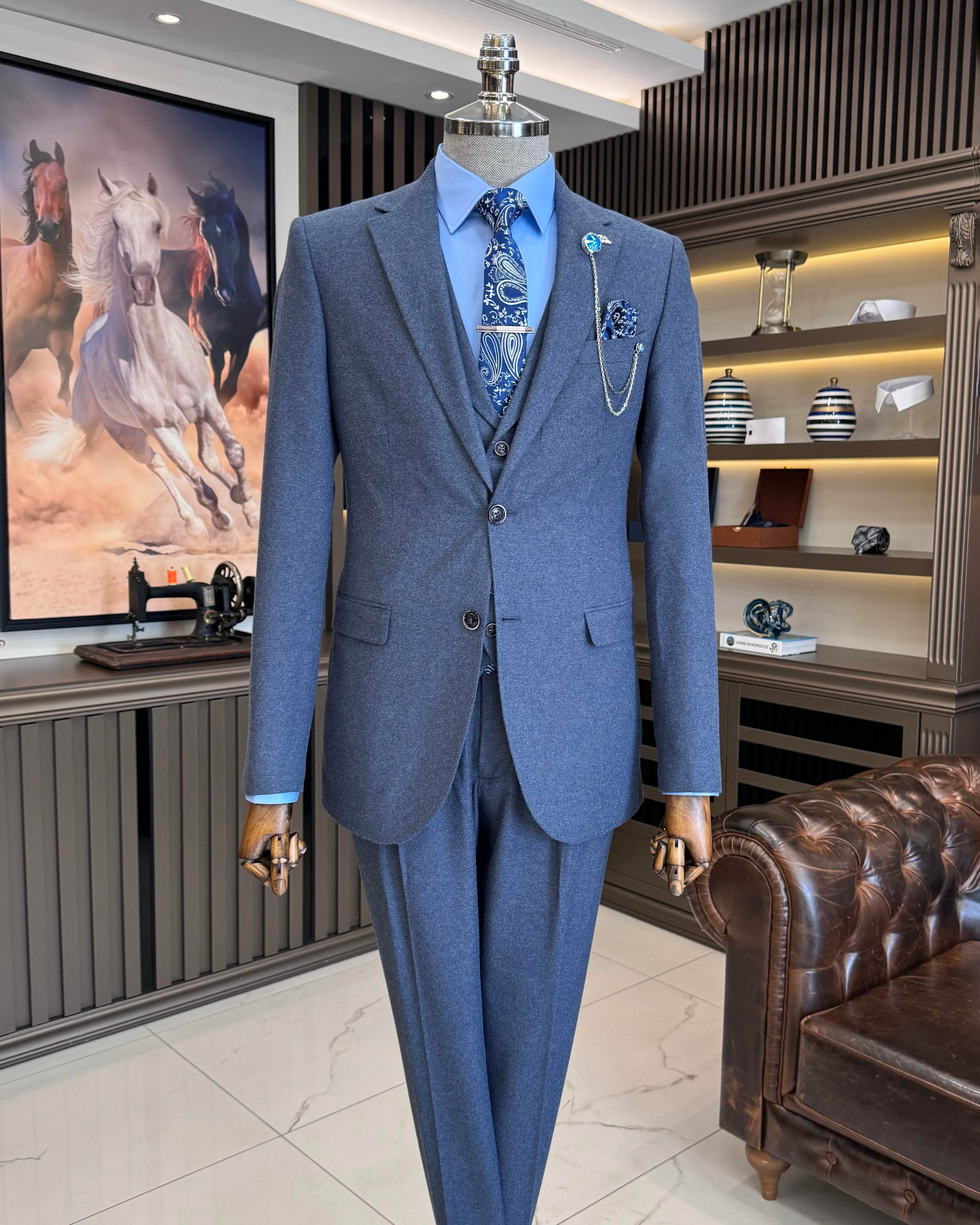 Italian style jacket vest pleated trouser suit blue T11331