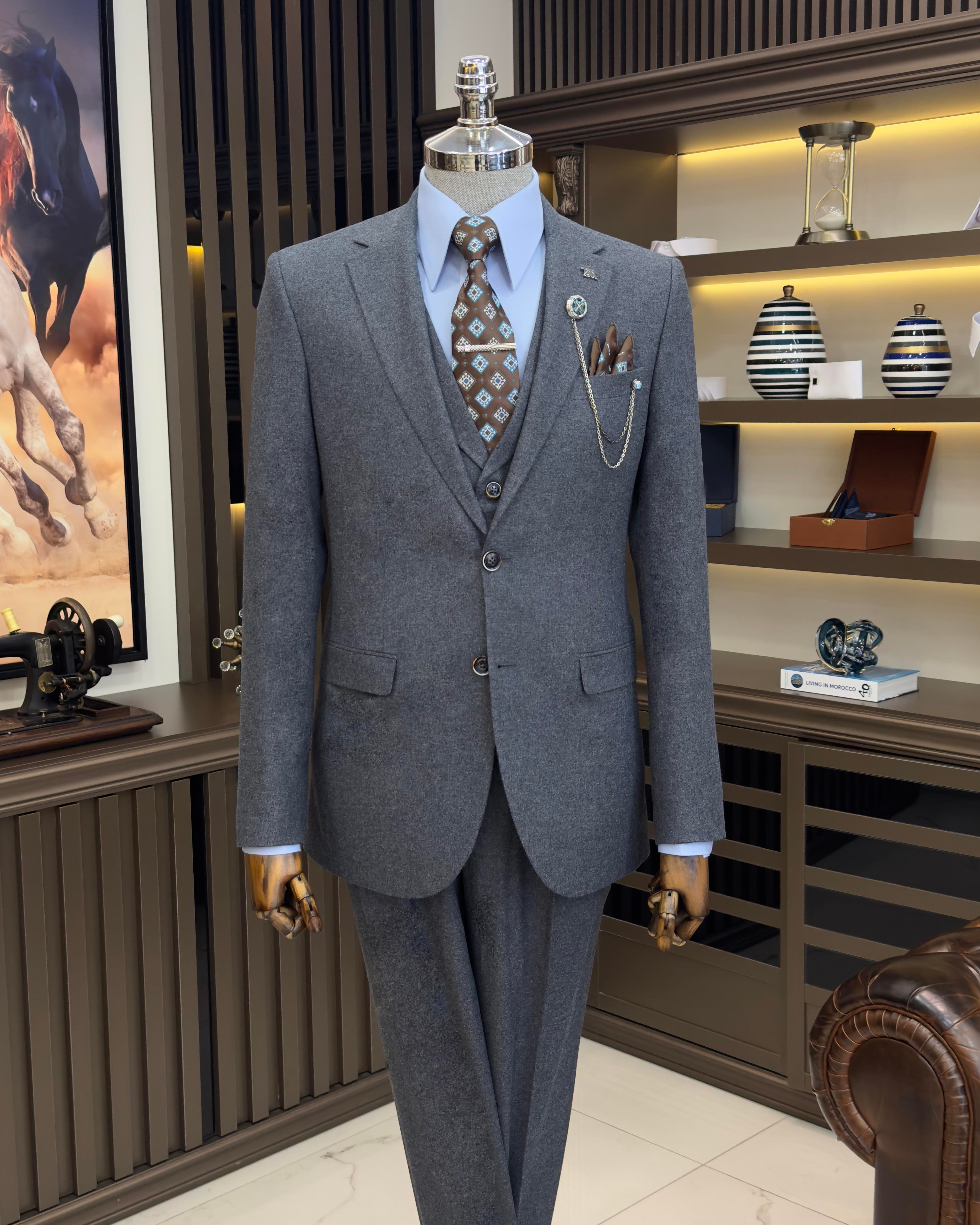 İtalyan stil ceket yelek pileli pantolon takım elbise lacivert T11329