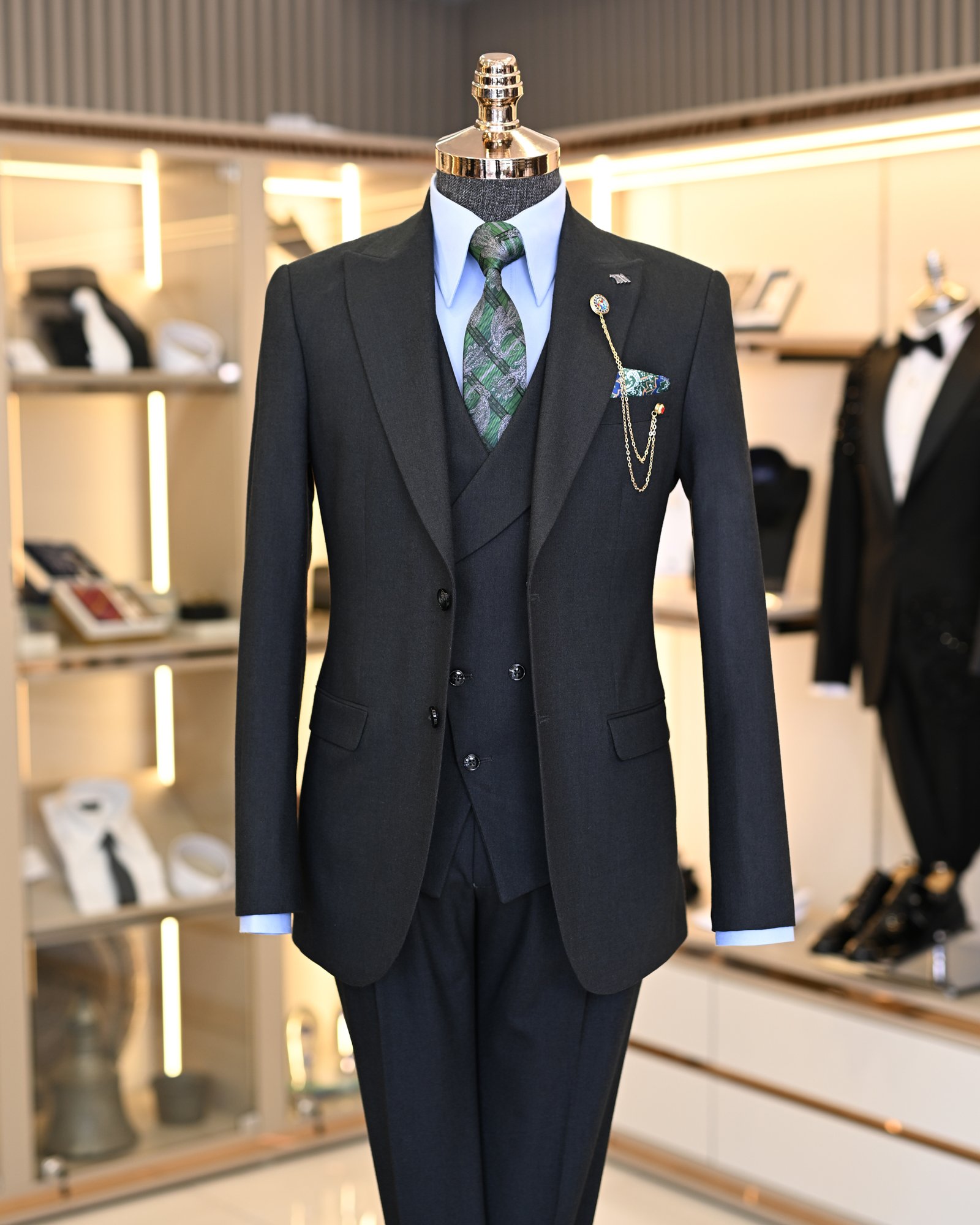Italian style jacket vest pleated trouser suit green T11322