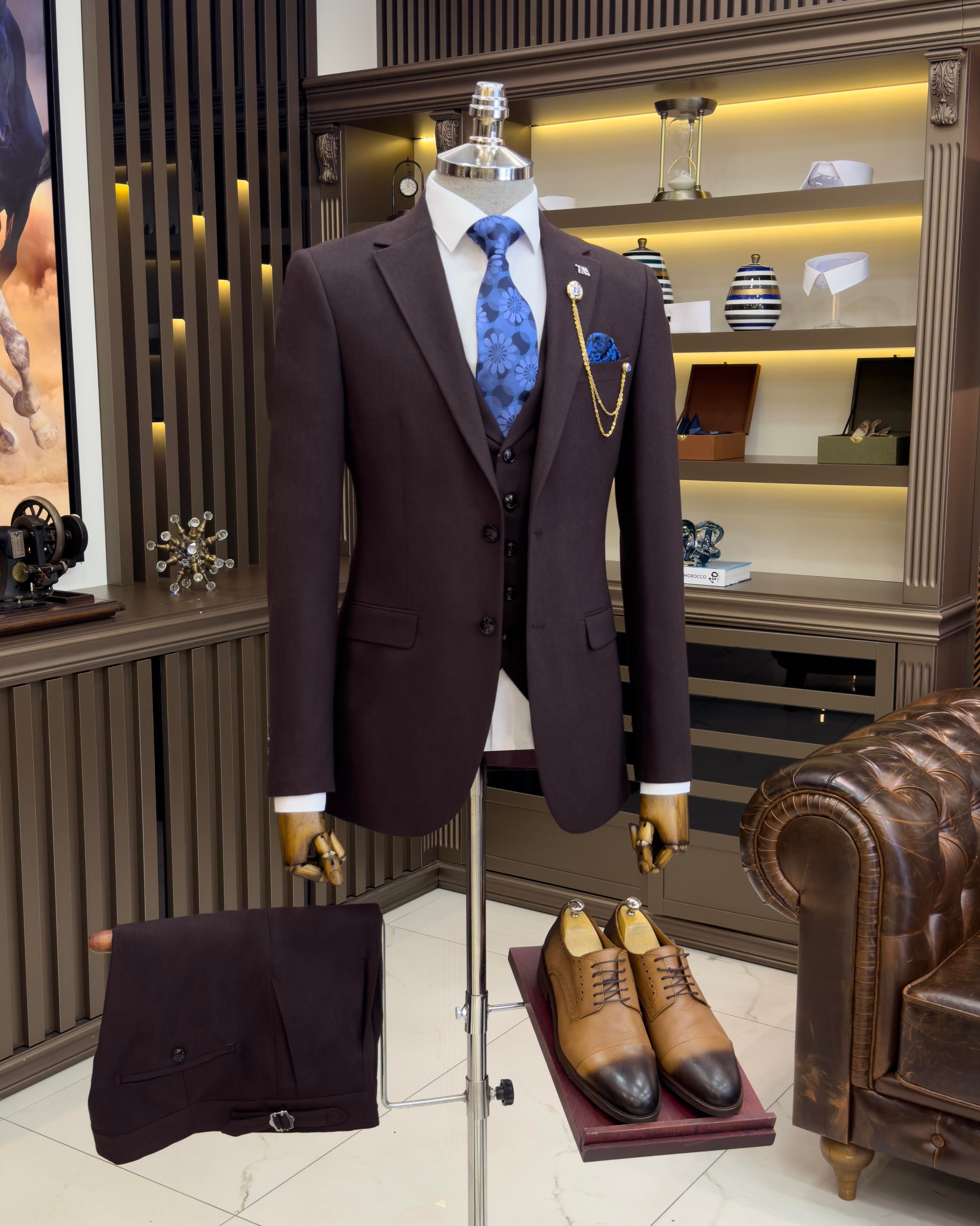 İtalyan stil ceket yelek pileli pantolon takım elbise bordo T11305