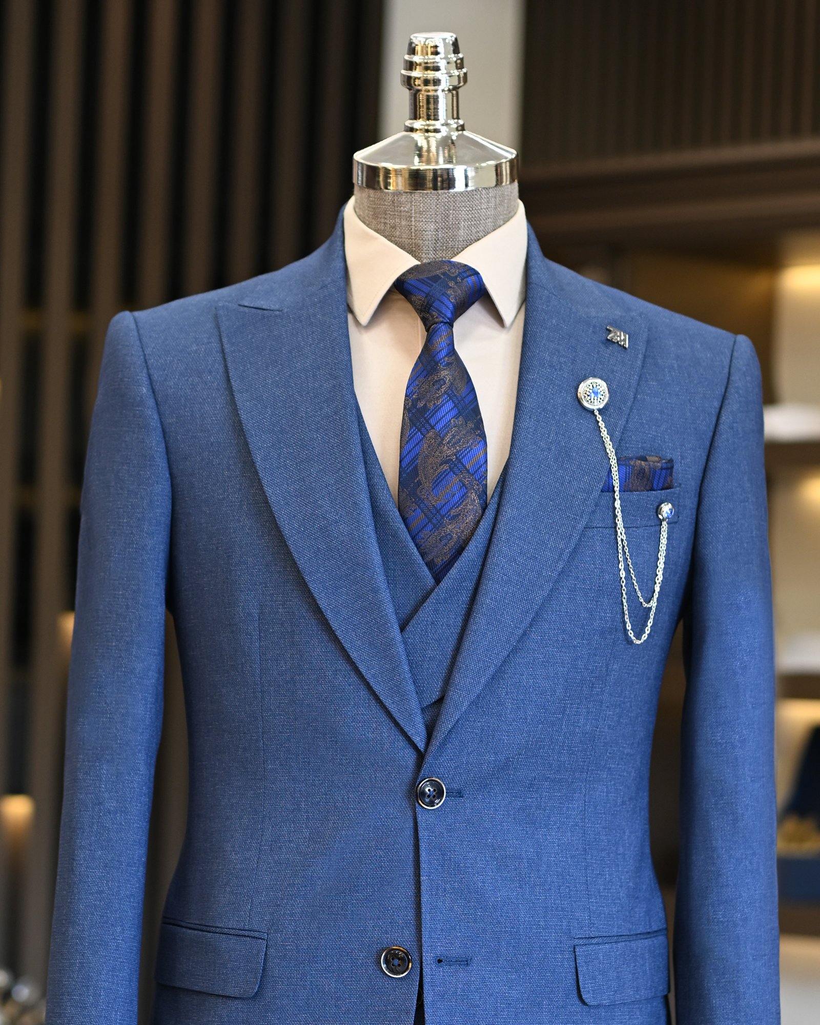 Italian style jacket vest pleated trouser suit blue T11321
