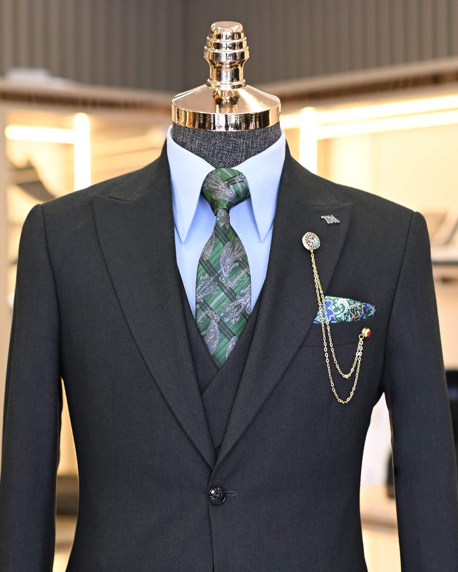 Italian style jacket vest pleated trouser suit green T11322