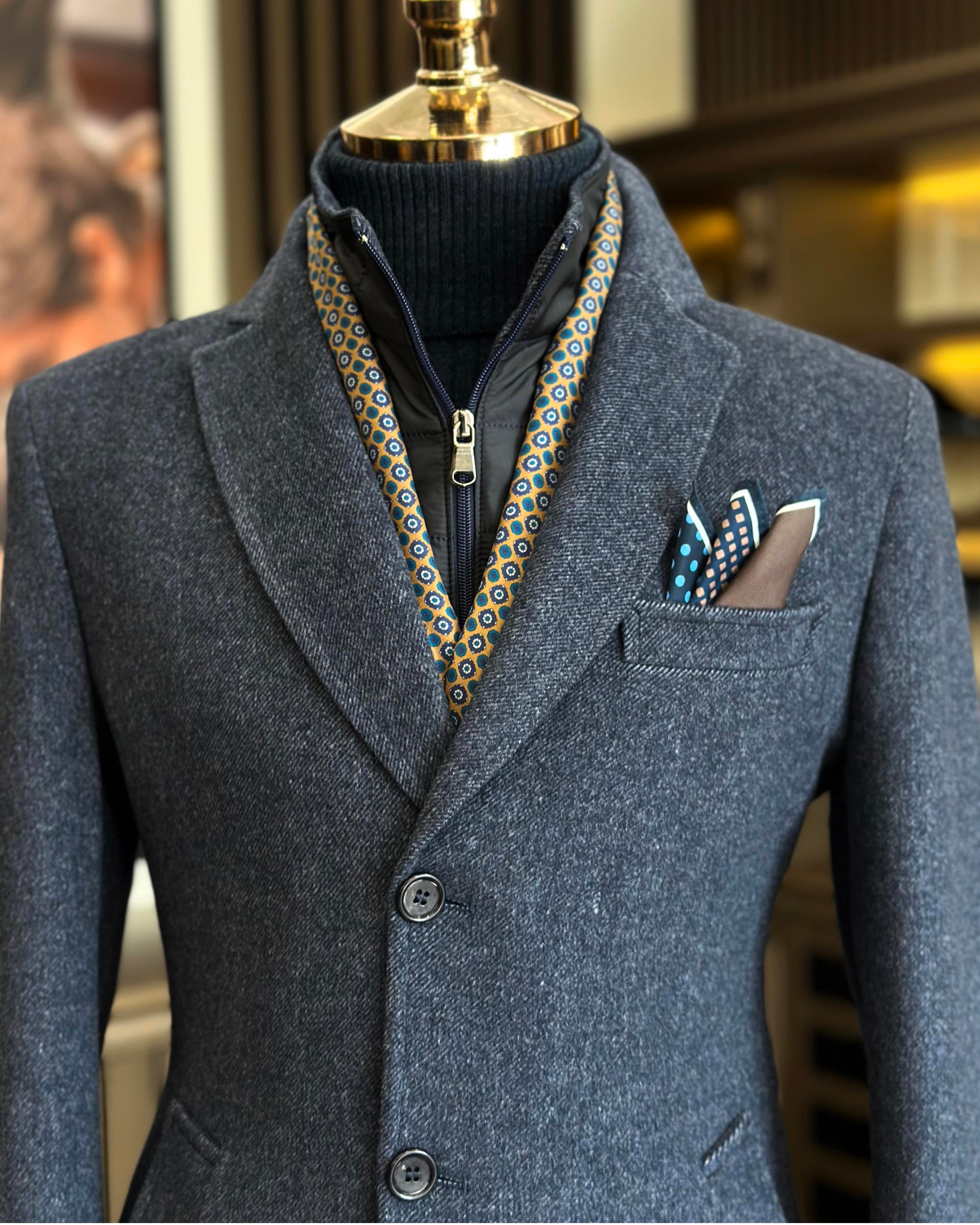 İtalyan stil çıkabilir yakalı yün kaban lacivert T10401