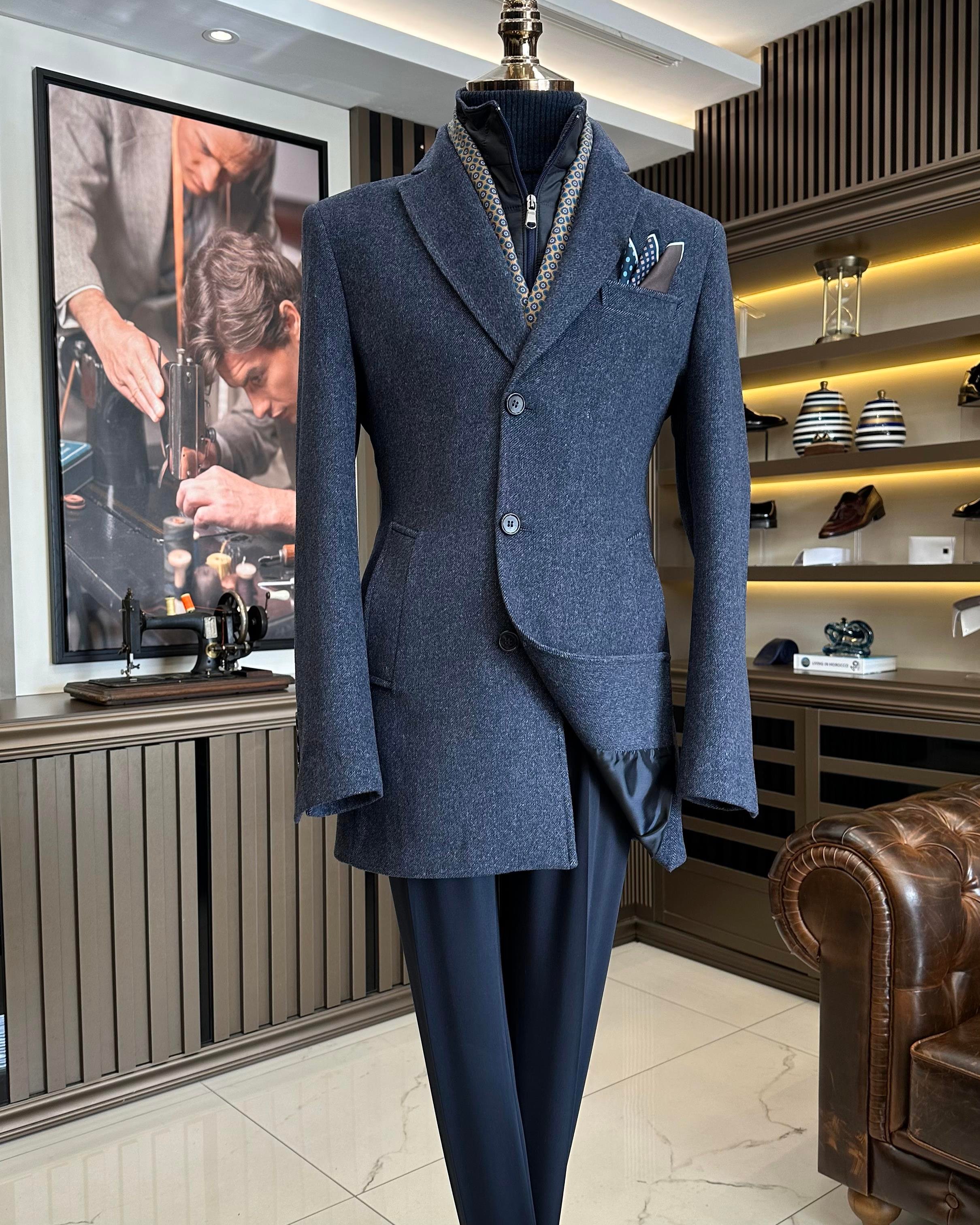 İtalyan stil çıkabilir yakalı yün kaban lacivert T10401