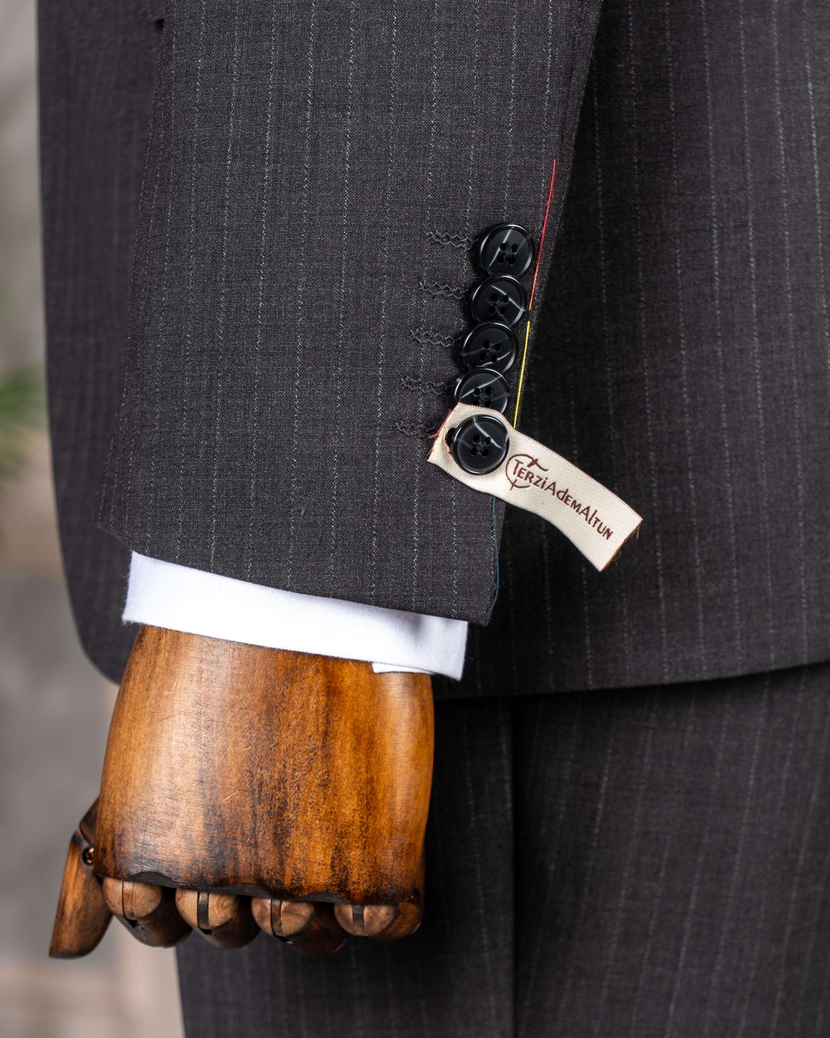 İtalyan stil çizgili ceket pantolon takım elbise %88 yünlü antrasit T14149