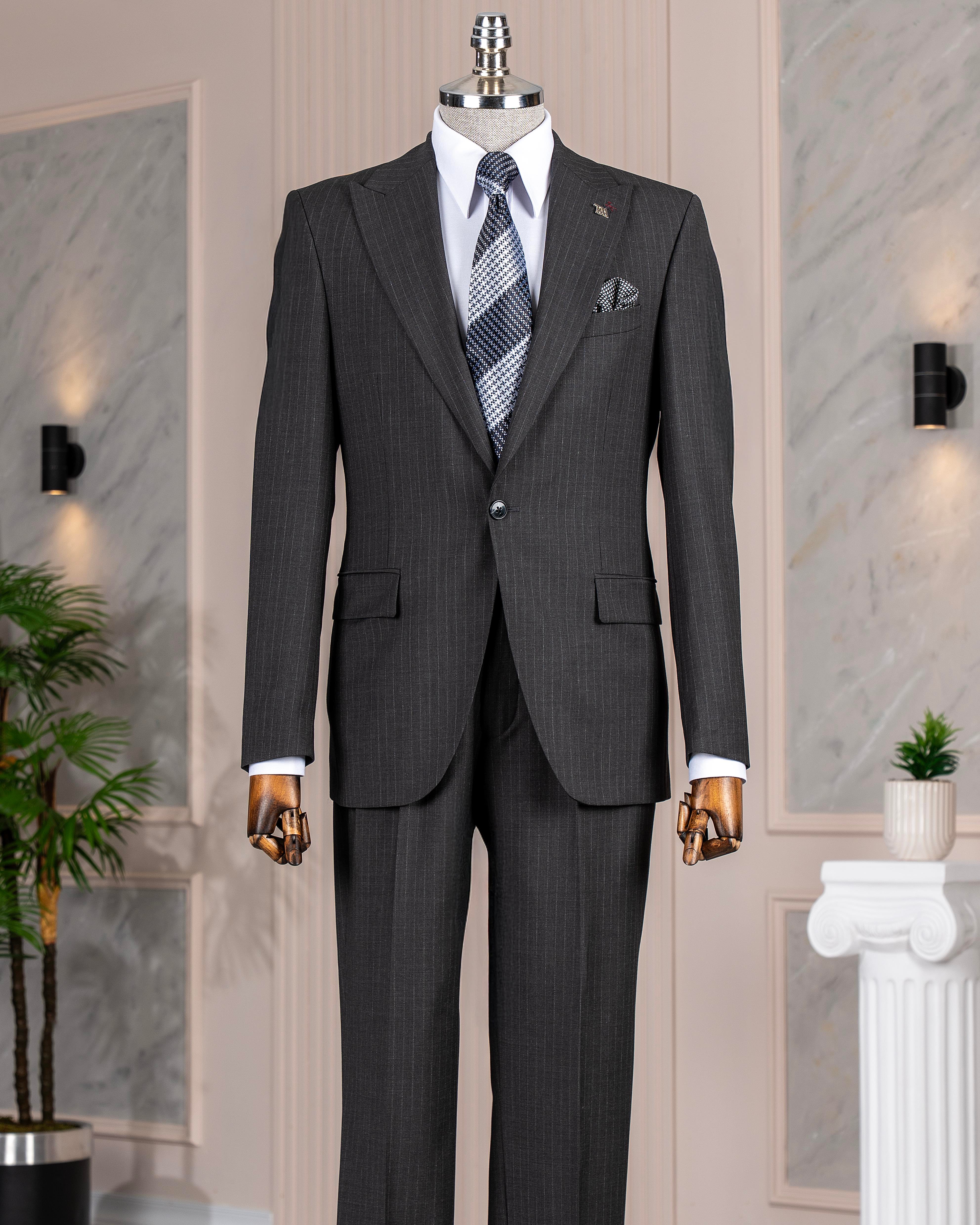 İtalyan stil çizgili ceket pantolon takım elbise %88 yünlü antrasit T14149