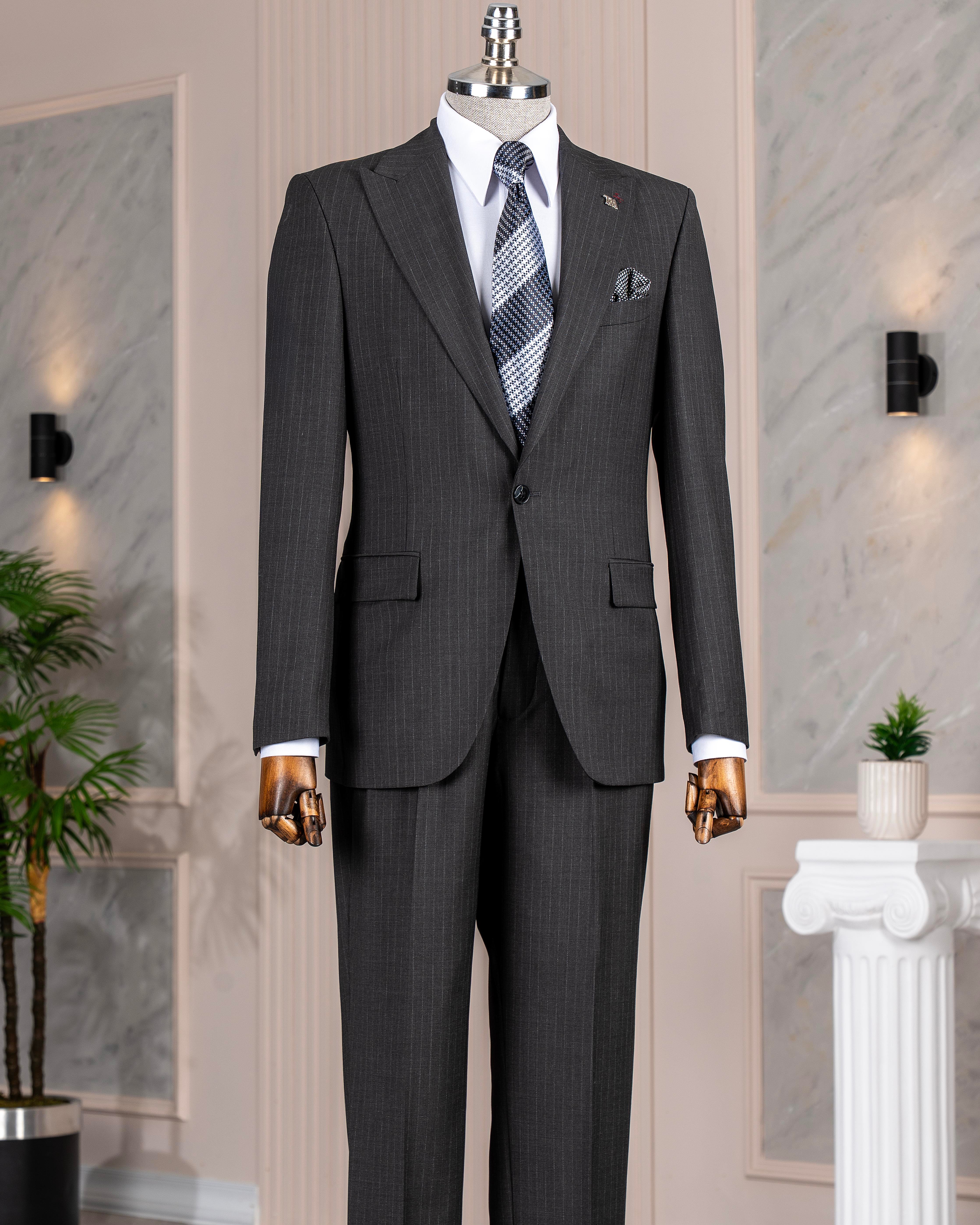 İtalyan stil çizgili ceket pantolon takım elbise %88 yünlü antrasit T14149
