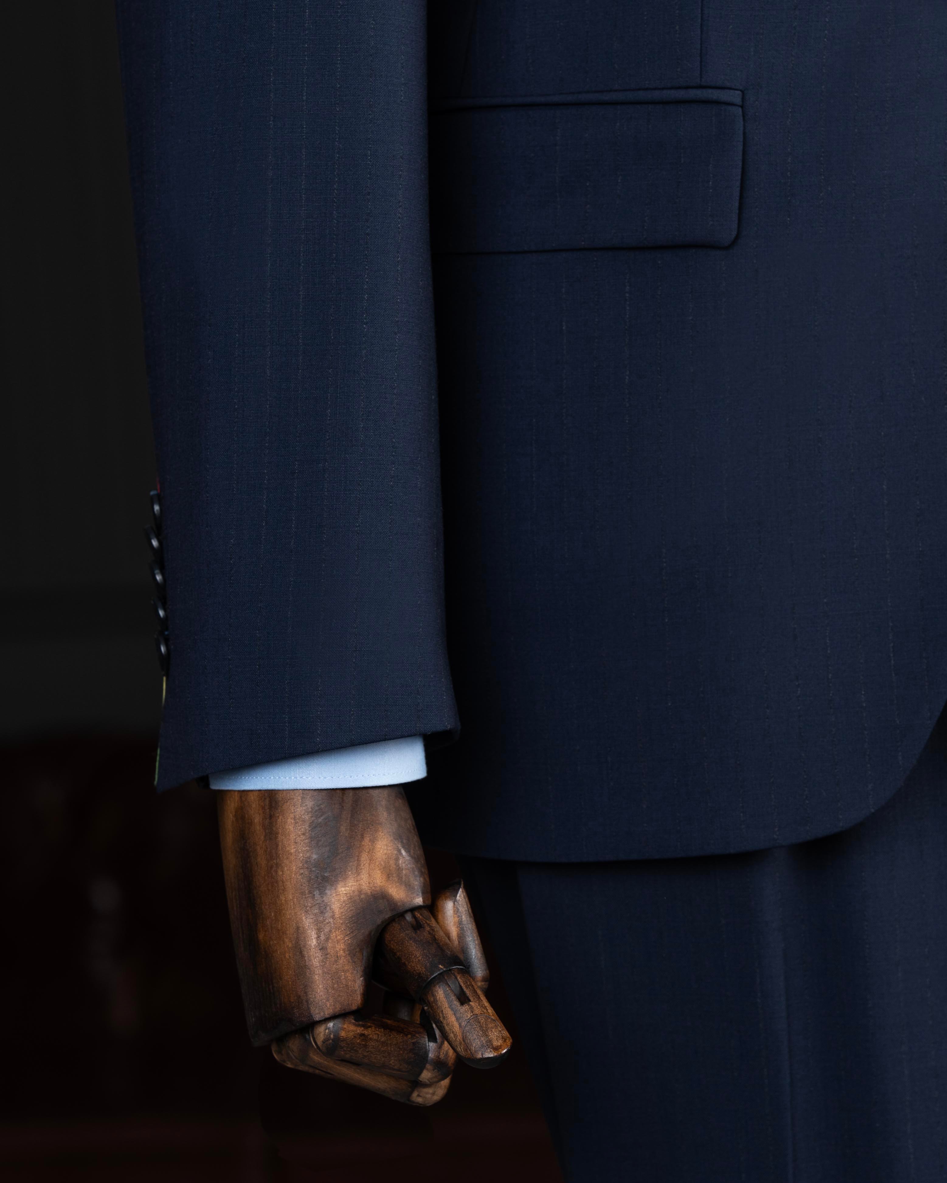 İtalyan stil çizgili ceket pantolon takım elbise %88 yünlü lacivert T14148