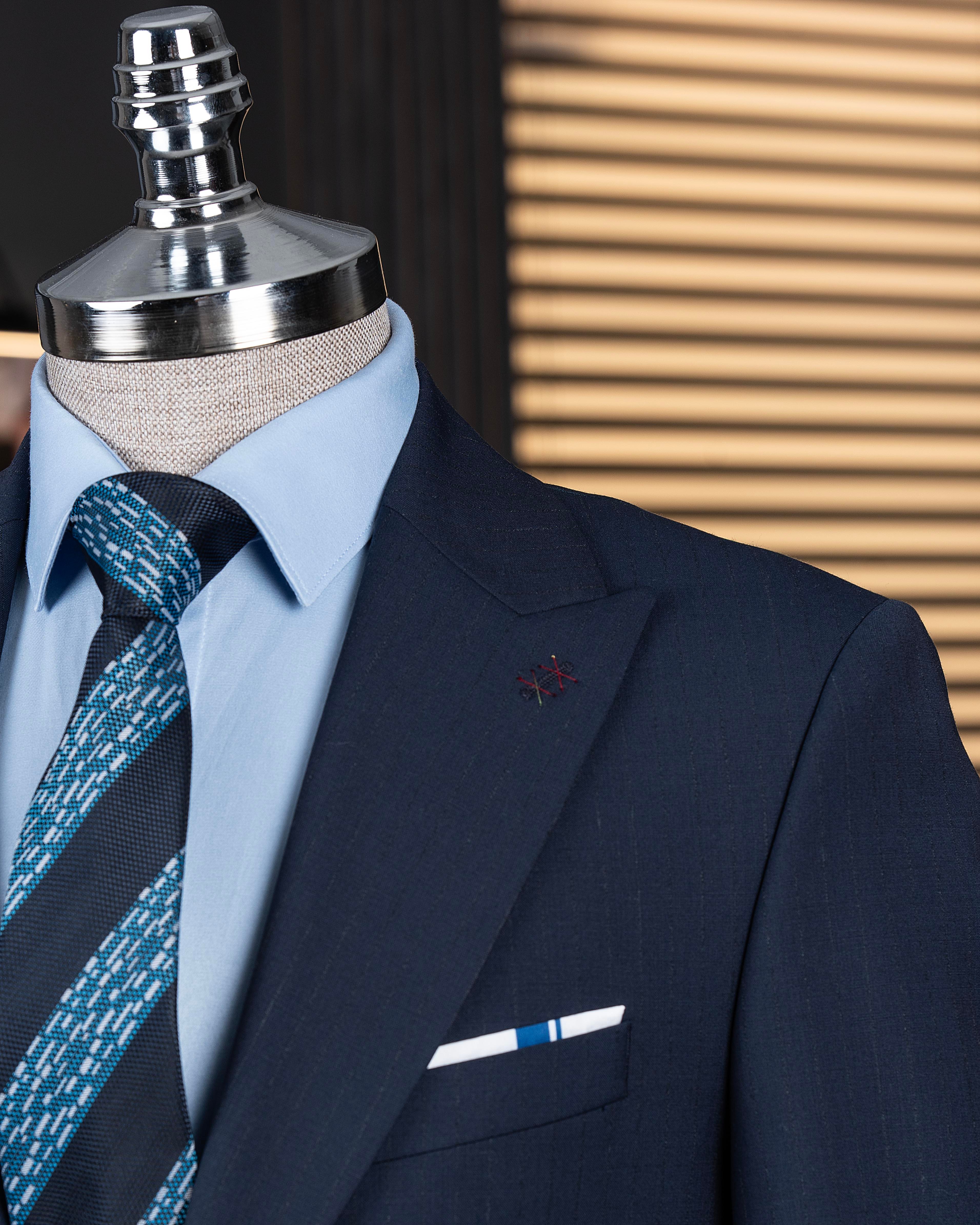 İtalyan stil çizgili ceket pantolon takım elbise %88 yünlü lacivert T14148