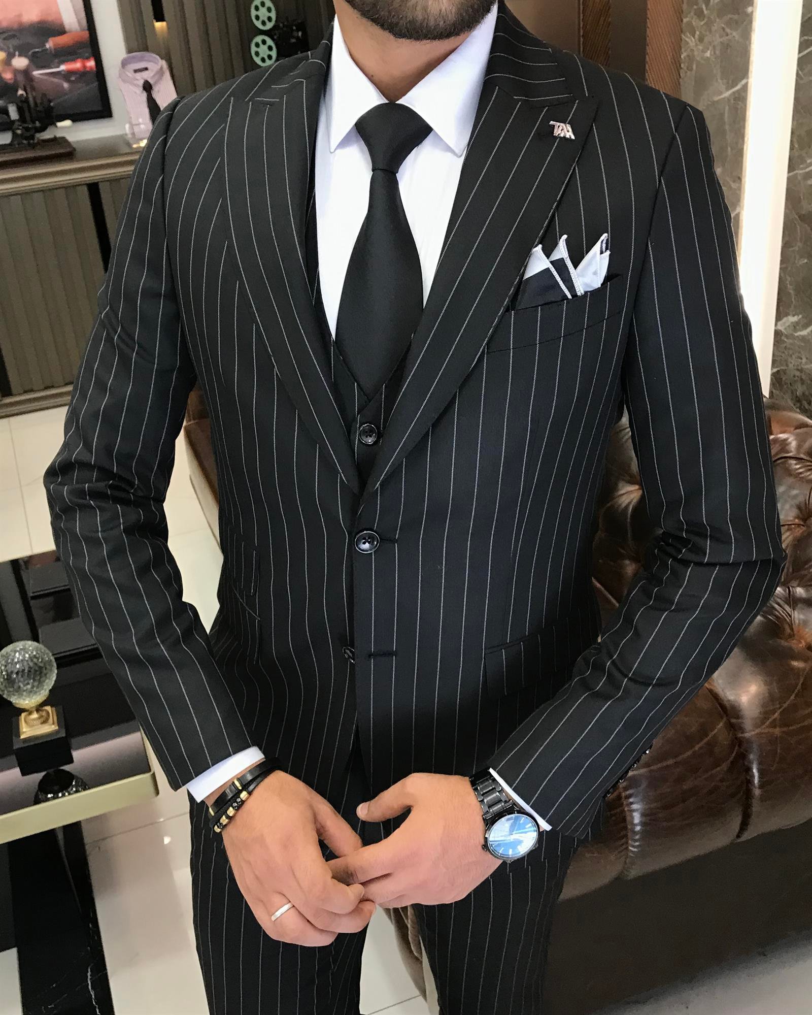 Italian style striped jacket vest pant suit Black T9928