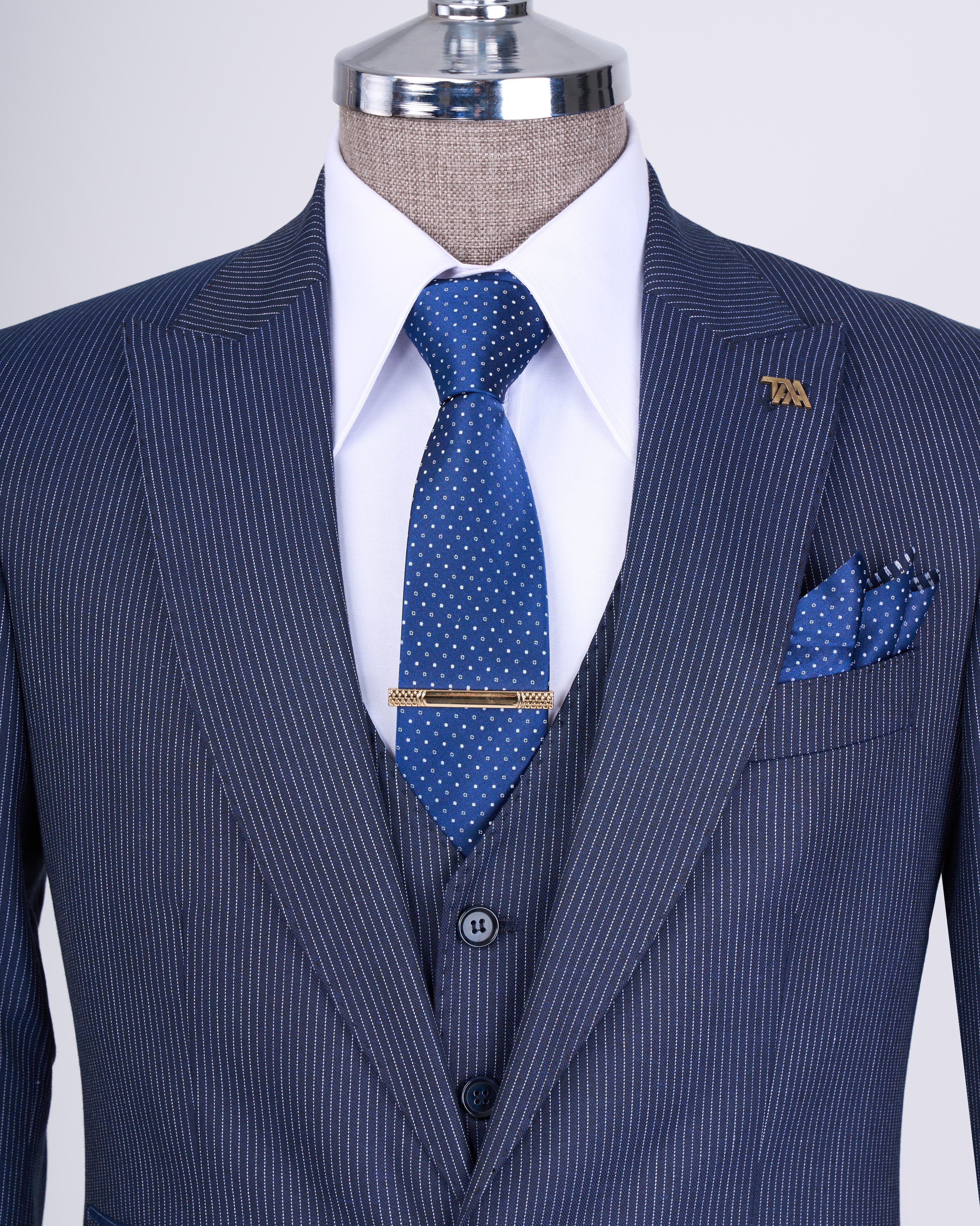Italian style striped jacket vest trouser suit navy blue T10731