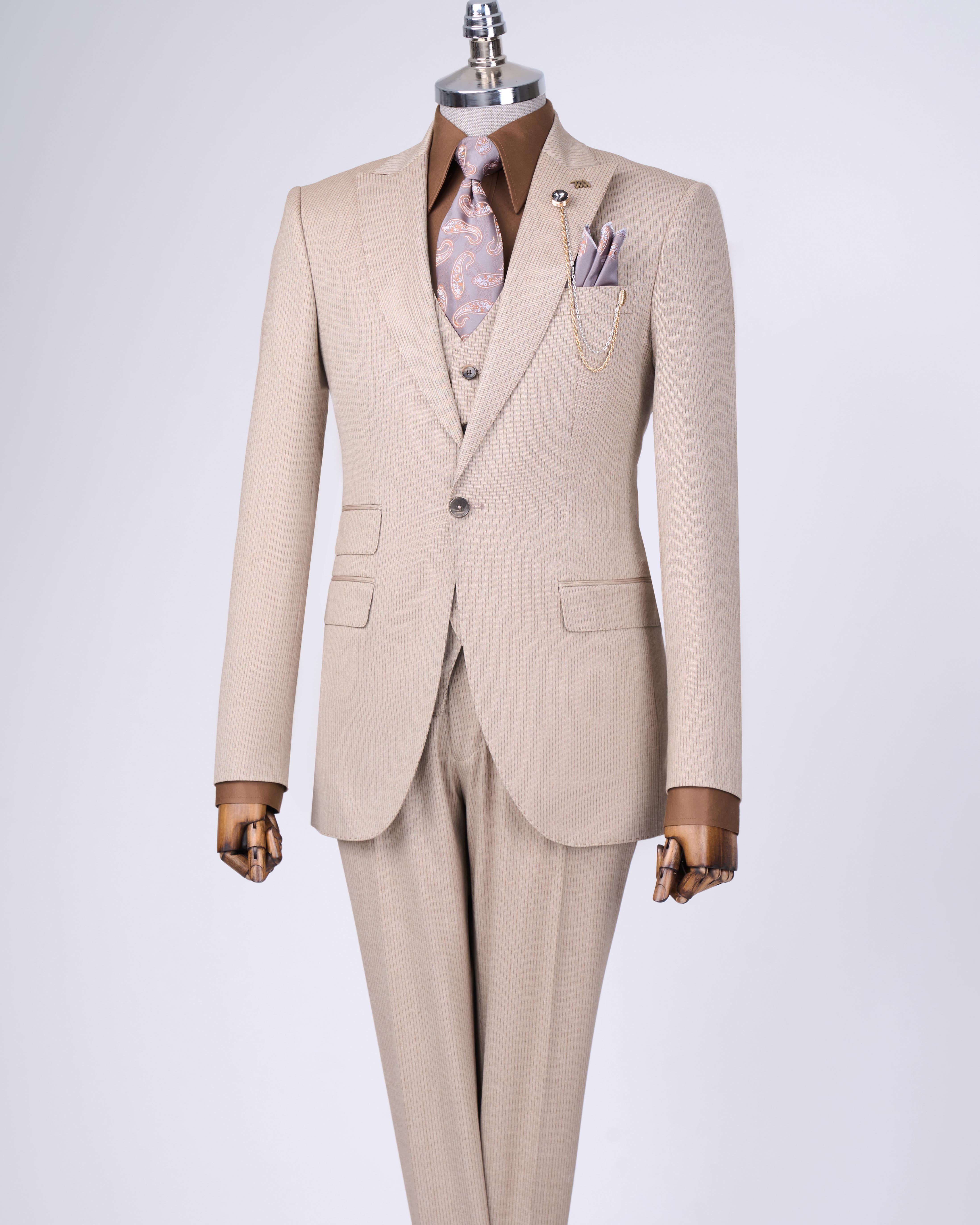 Italian style striped jacket vest trouser suit beige T10733